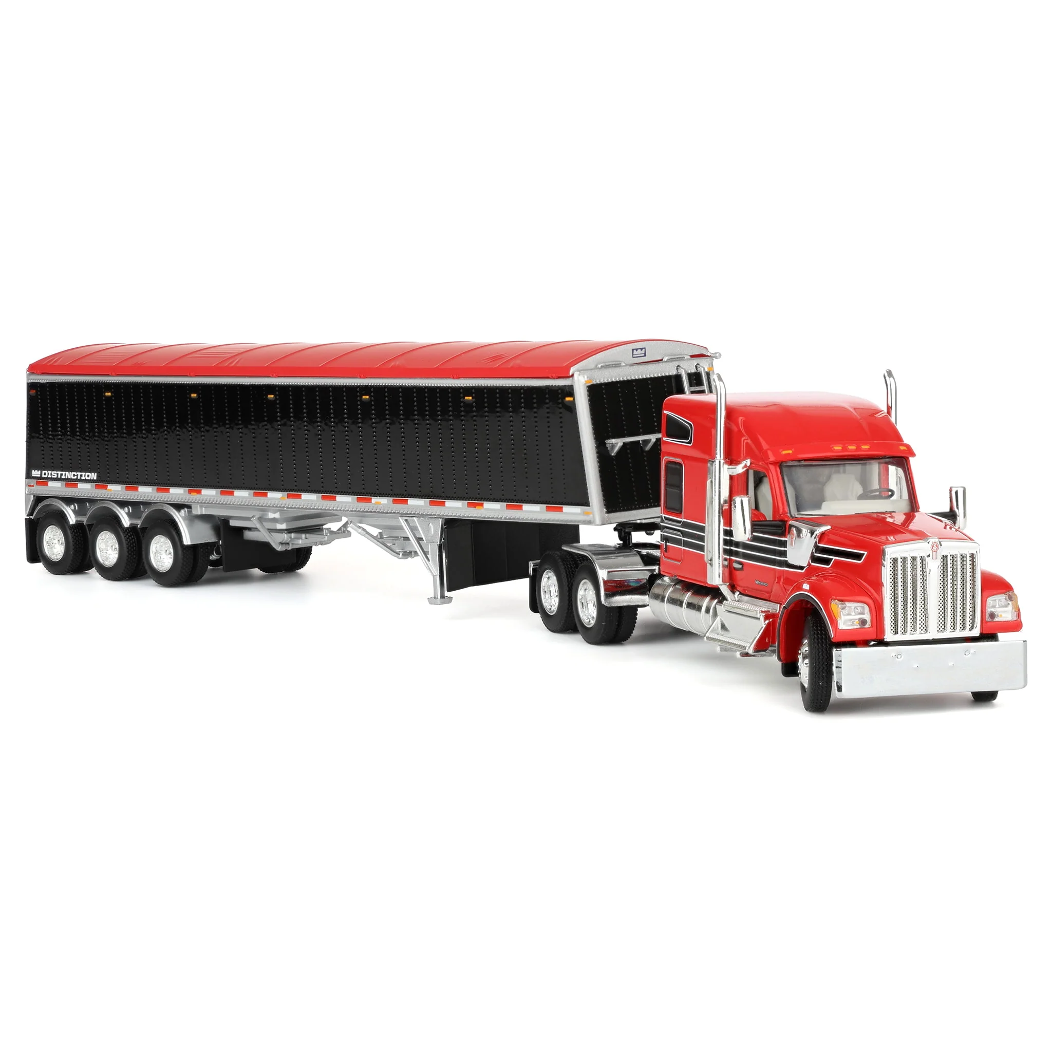 1/64 Kenworth W990 Semi Truck & Lode King Hopper Trailer, Red/Black, DCP by First Gear - Image 2