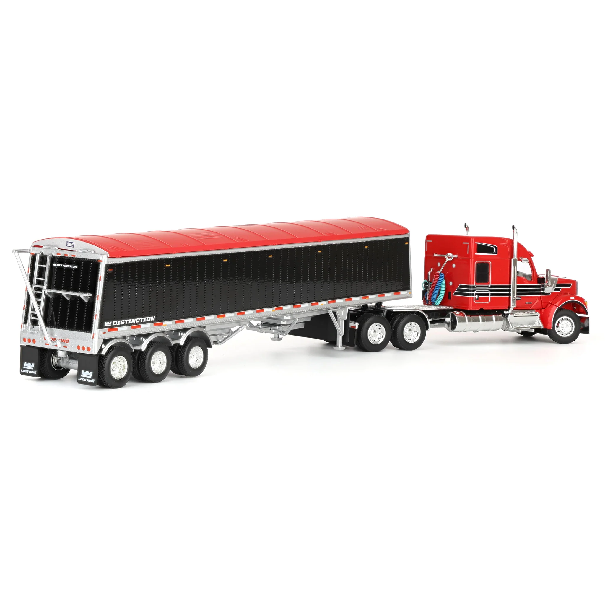 1/64 Kenworth W990 Semi Truck & Lode King Hopper Trailer, Red/Black, DCP by First Gear - Image 3