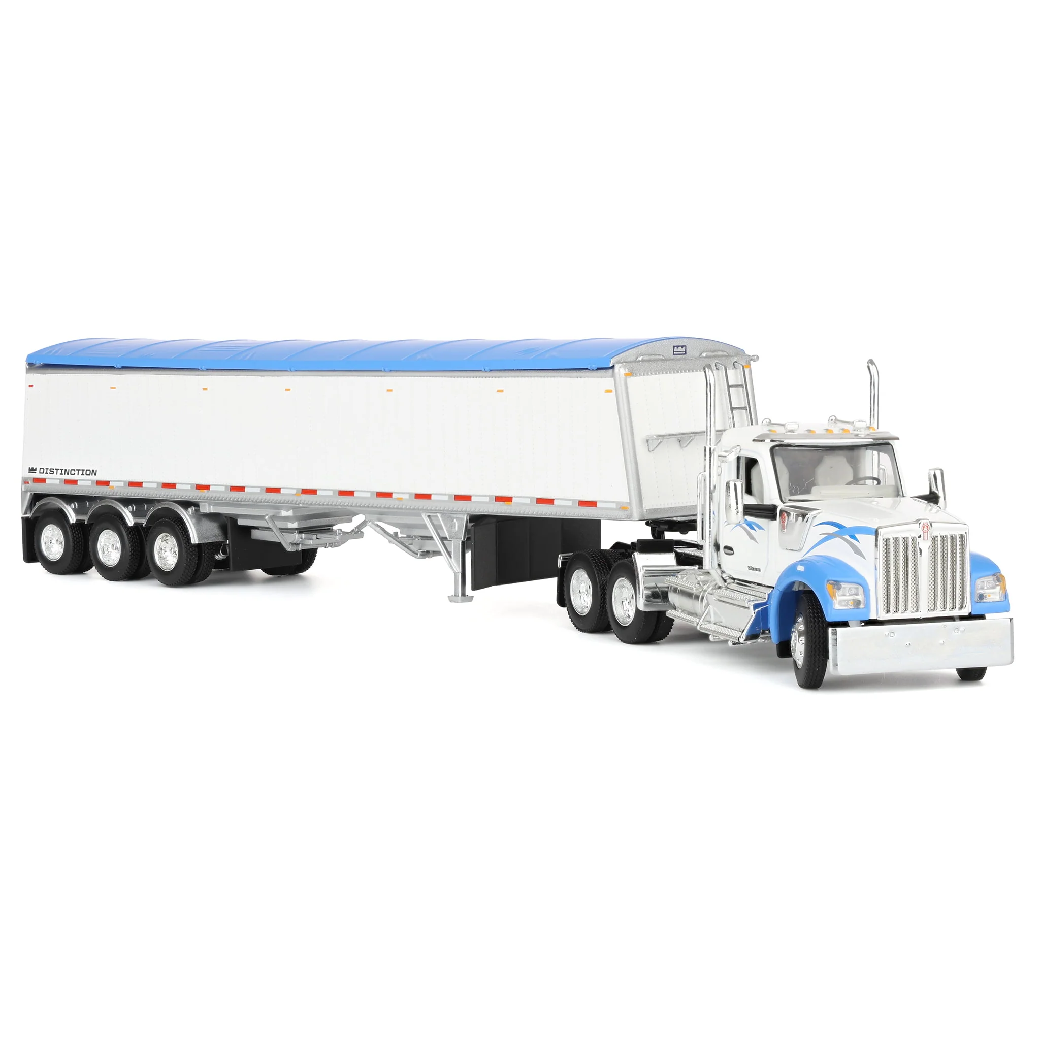 1/64 Kenworth W990 Semi Truck & Lode King Hopper Trailer, White/Blue, DCP by First Gear - Image 2