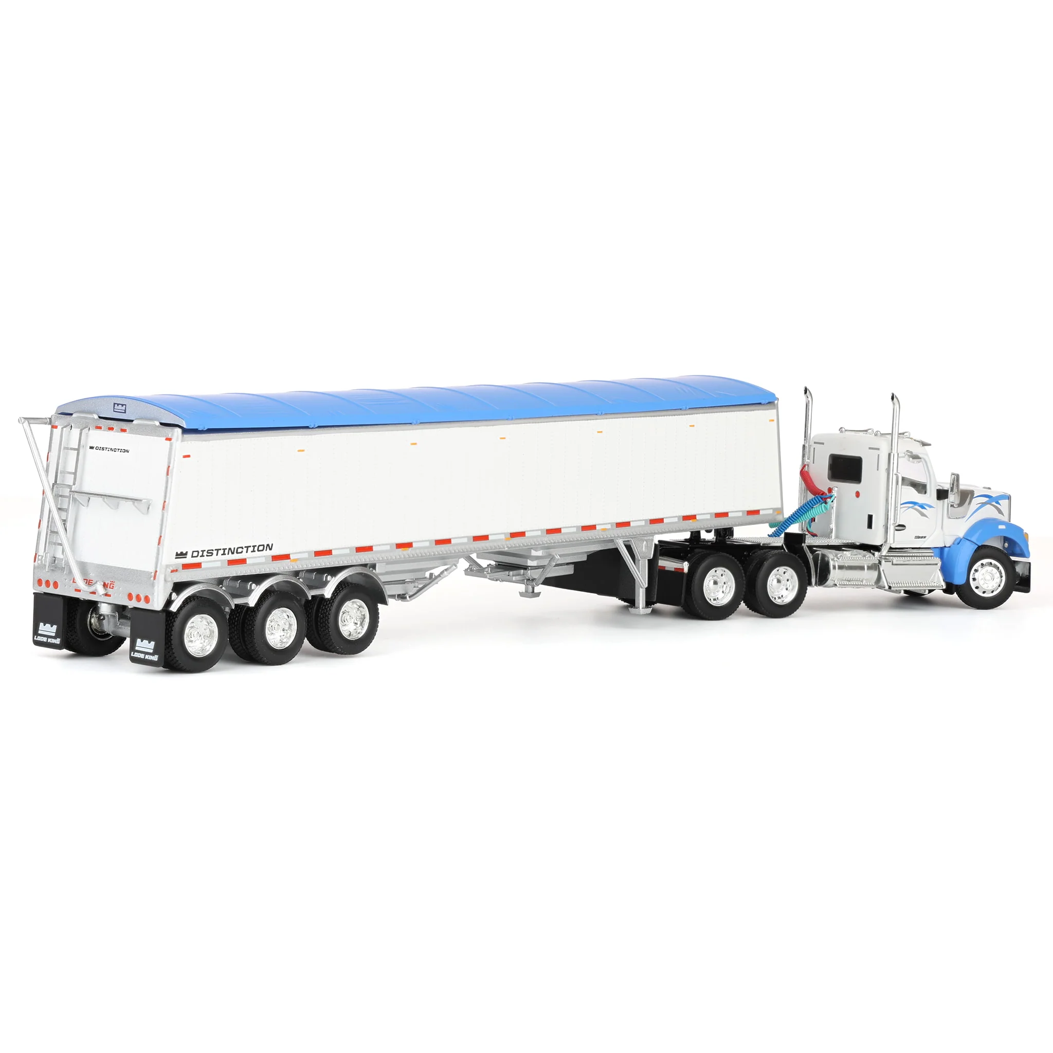 1/64 Kenworth W990 Semi Truck & Lode King Hopper Trailer, White/Blue, DCP by First Gear - Image 3