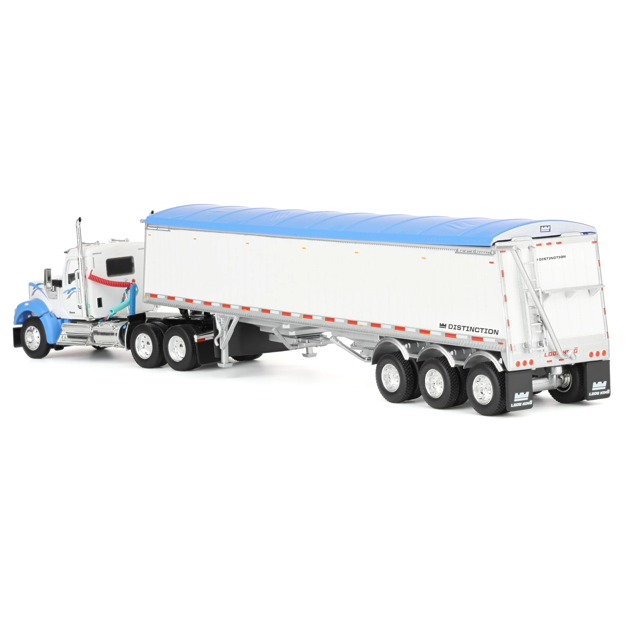 1/64 Kenworth W990 Semi Truck & Lode King Hopper Trailer, White/Blue, DCP by First Gear - Image 4