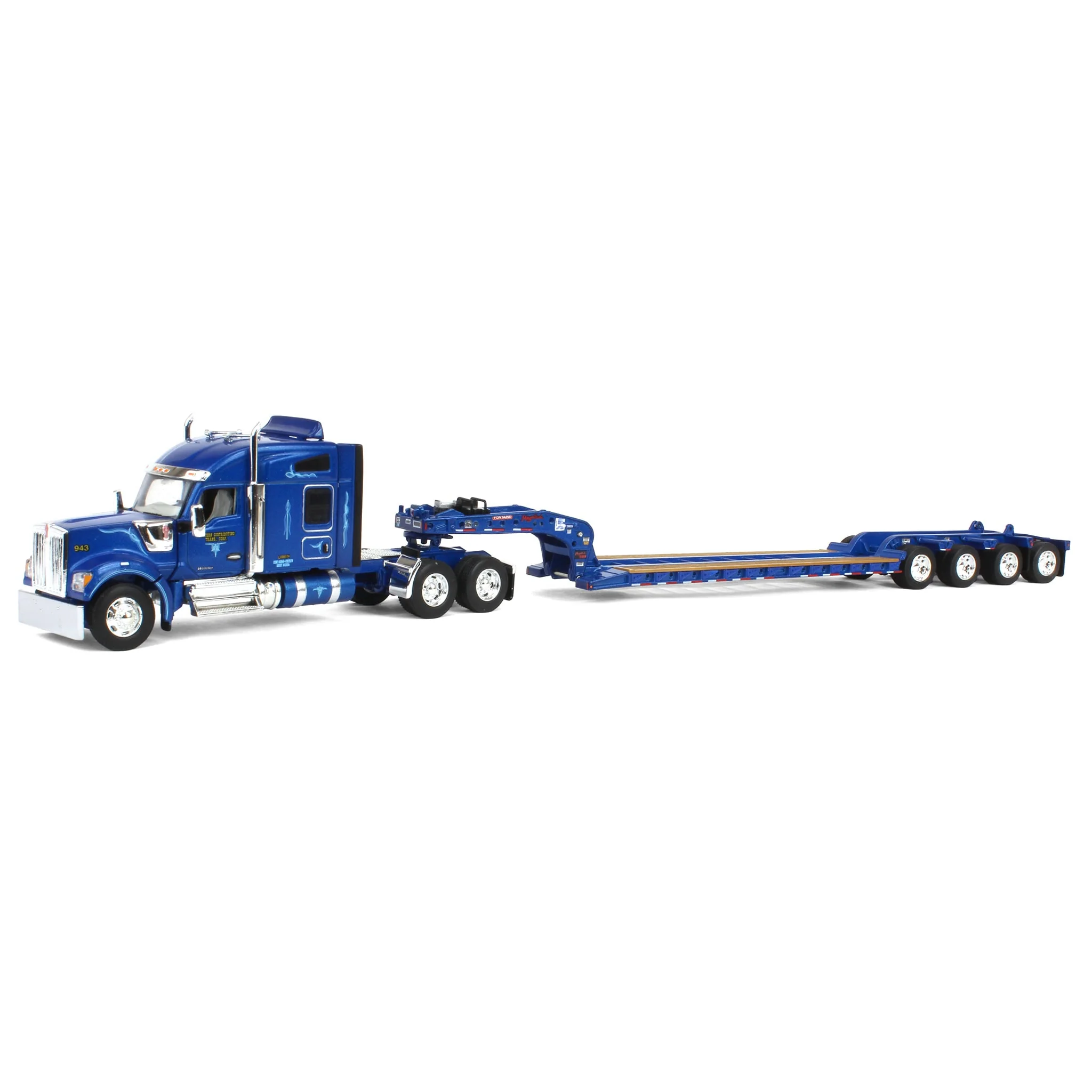 1/64 Kenworth W990 Semi Truck with Fontaine Magnitude Tri-axle Lowboy & Flip Tail, Western Distributing, DCP by First Gear