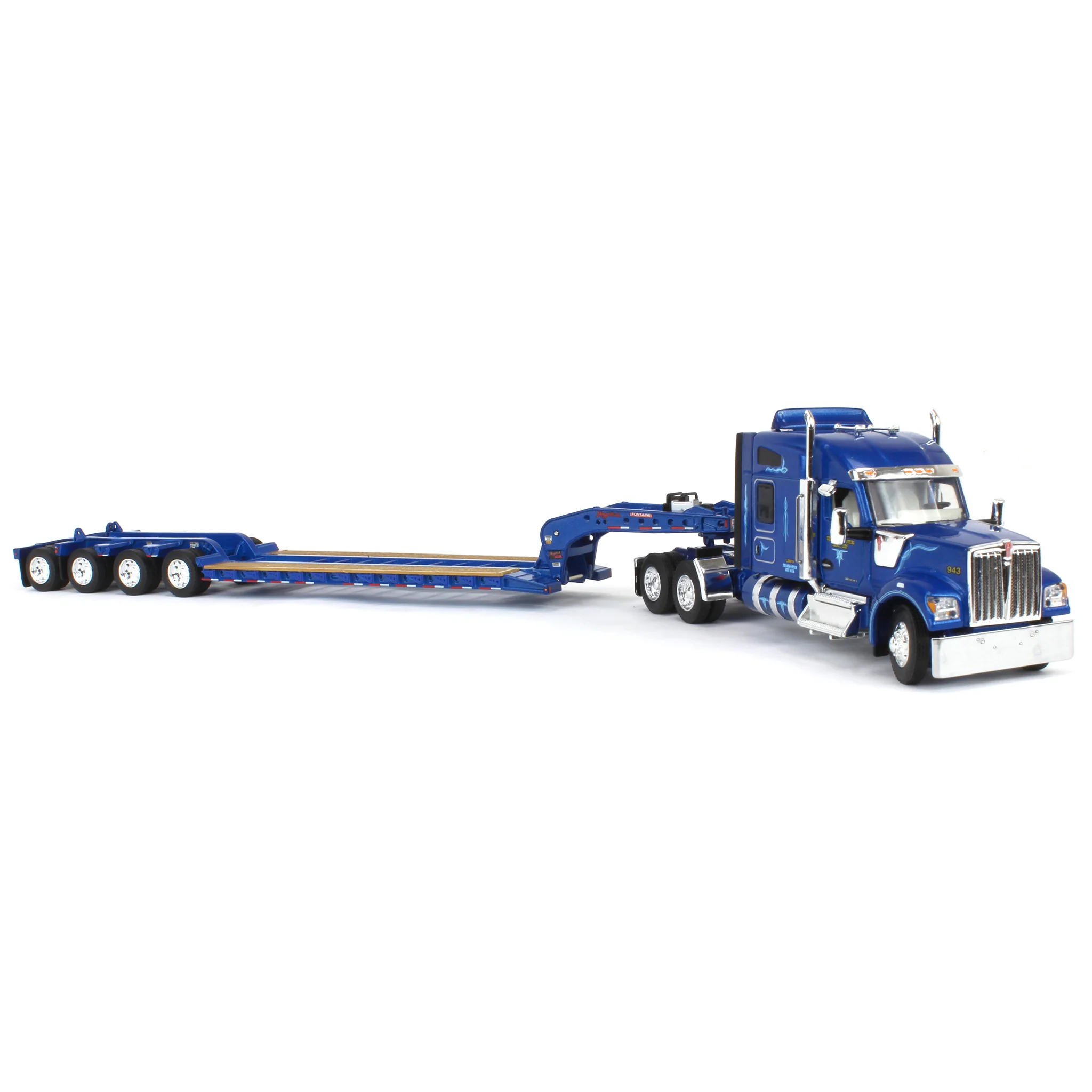 1/64 Kenworth W990 Semi Truck with Fontaine Magnitude Tri-axle Lowboy & Flip Tail, Western Distributing, DCP by First Gear - Image 2