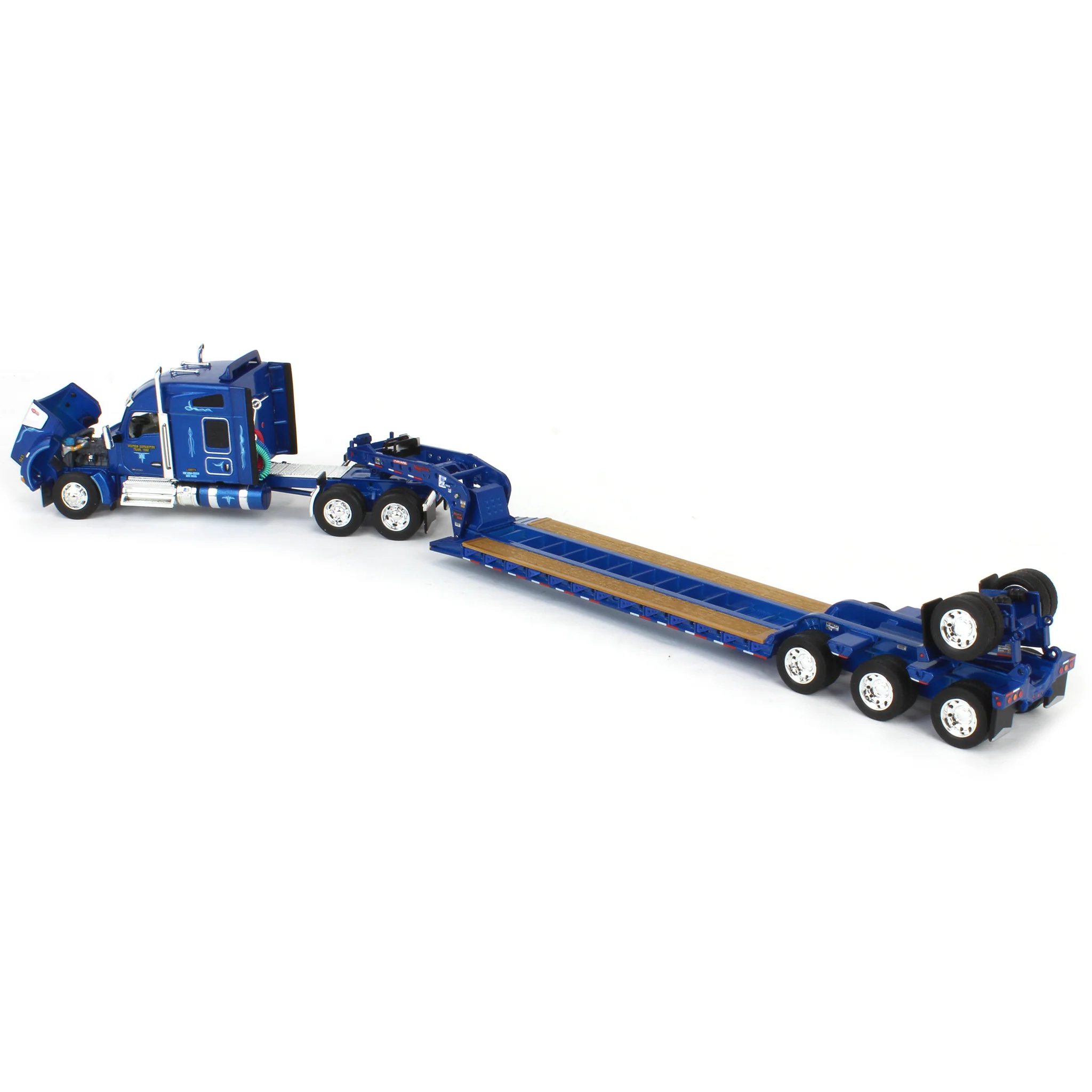 1/64 Kenworth W990 Semi Truck with Fontaine Magnitude Tri-axle Lowboy & Flip Tail, Western Distributing, DCP by First Gear - Image 4