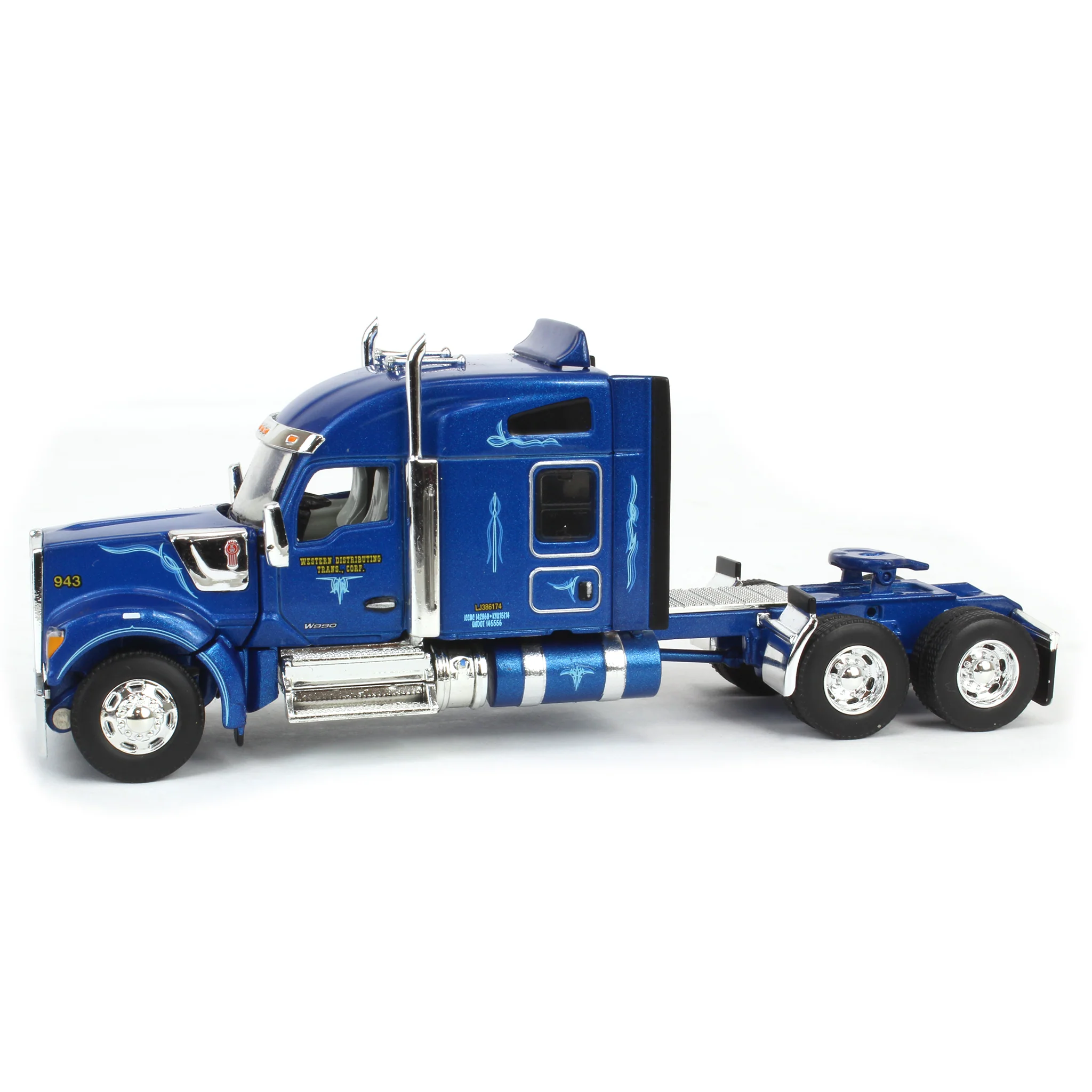 1/64 Kenworth W990 Semi Truck with Fontaine Magnitude Tri-axle Lowboy & Flip Tail, Western Distributing, DCP by First Gear - Image 5