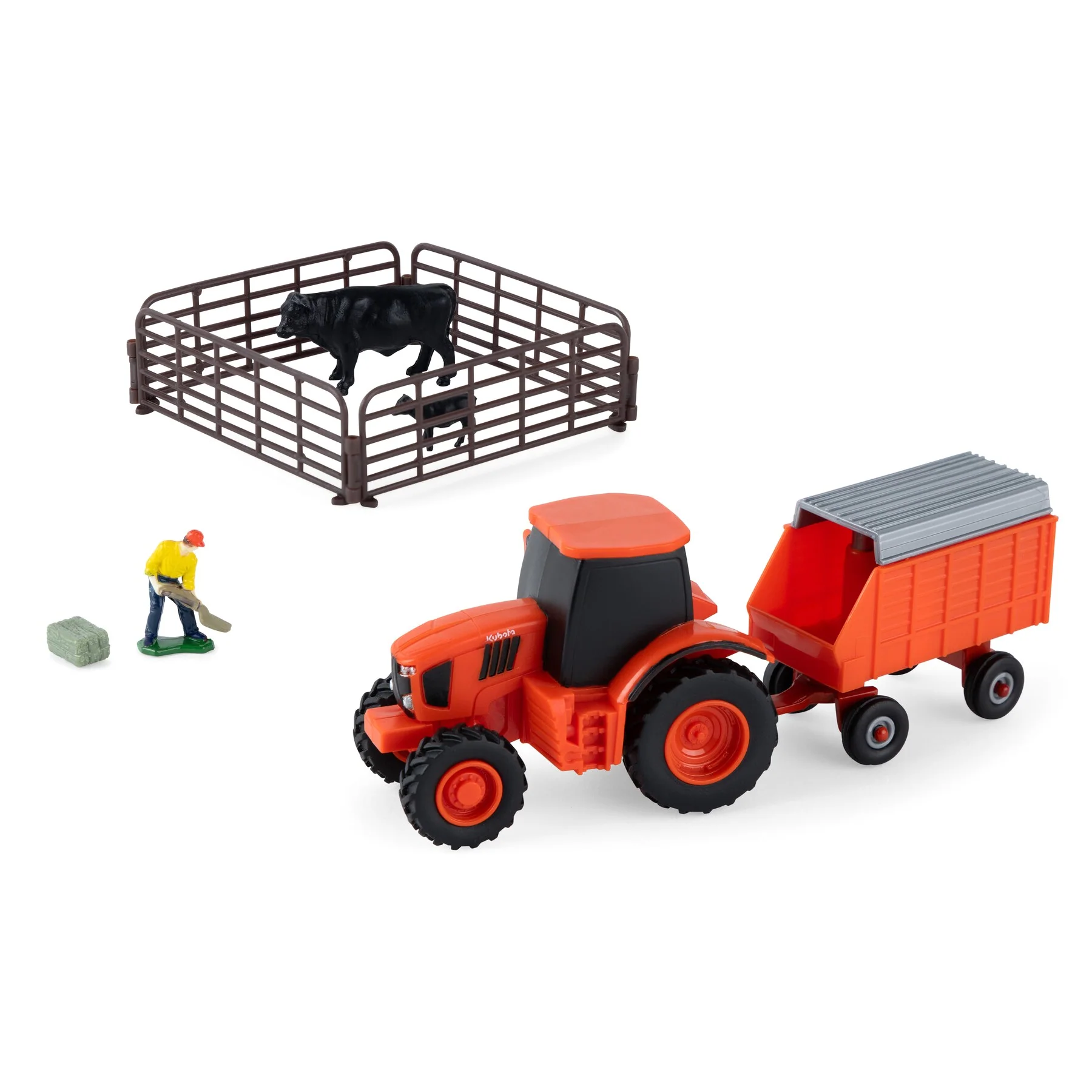 1/64 Kubota 10-Piece Farm Toy Set by ERTL: Tractor, Wagon, Cattle, Fence, Farmer, & Bale