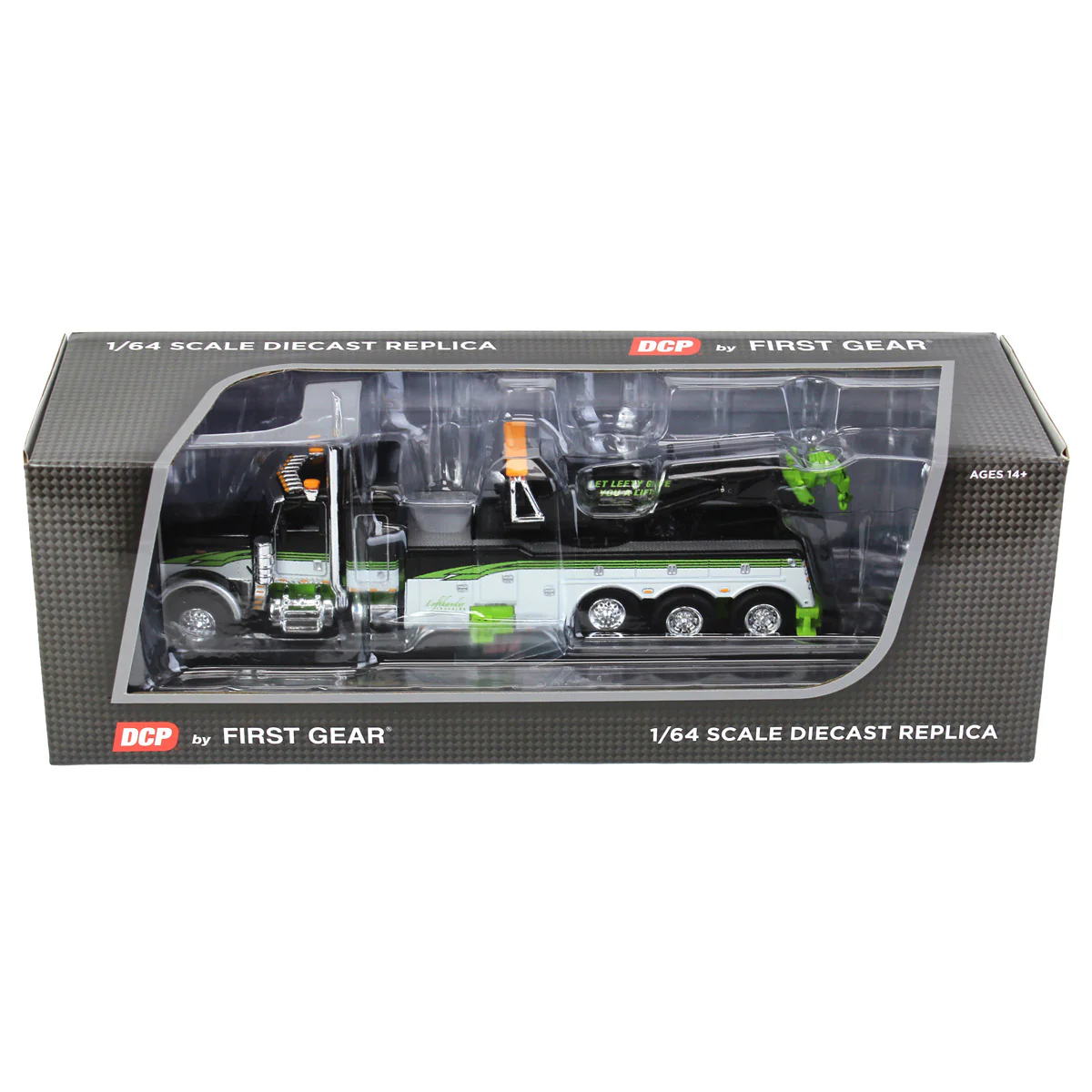 1/64 Lefthander Peterbilt 389 Tow Truck with 36in Sleeper Cab & Rotator Bed, White/Black/Green, DCP by First Gear - Image 5
