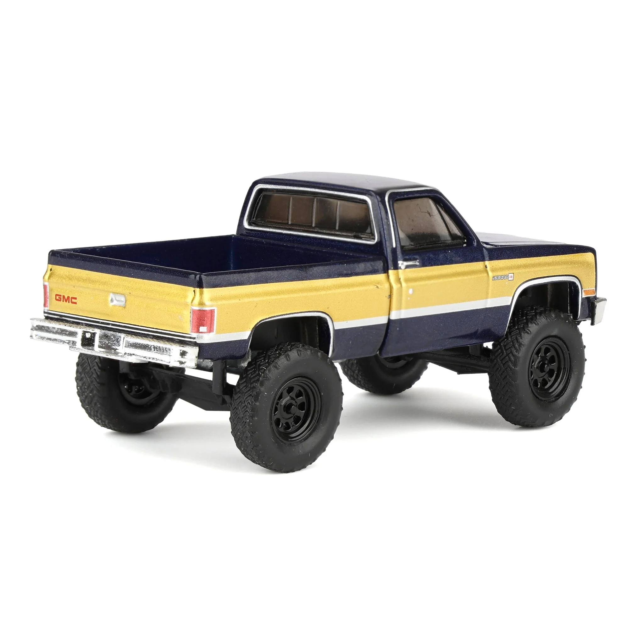 1/64 Lifted 1987 GMC K2500 High Sierra Pickup Truck, Stone Blue Metallic & Gold Dealer Exclusive by GreenLight Collectibles - Image 3