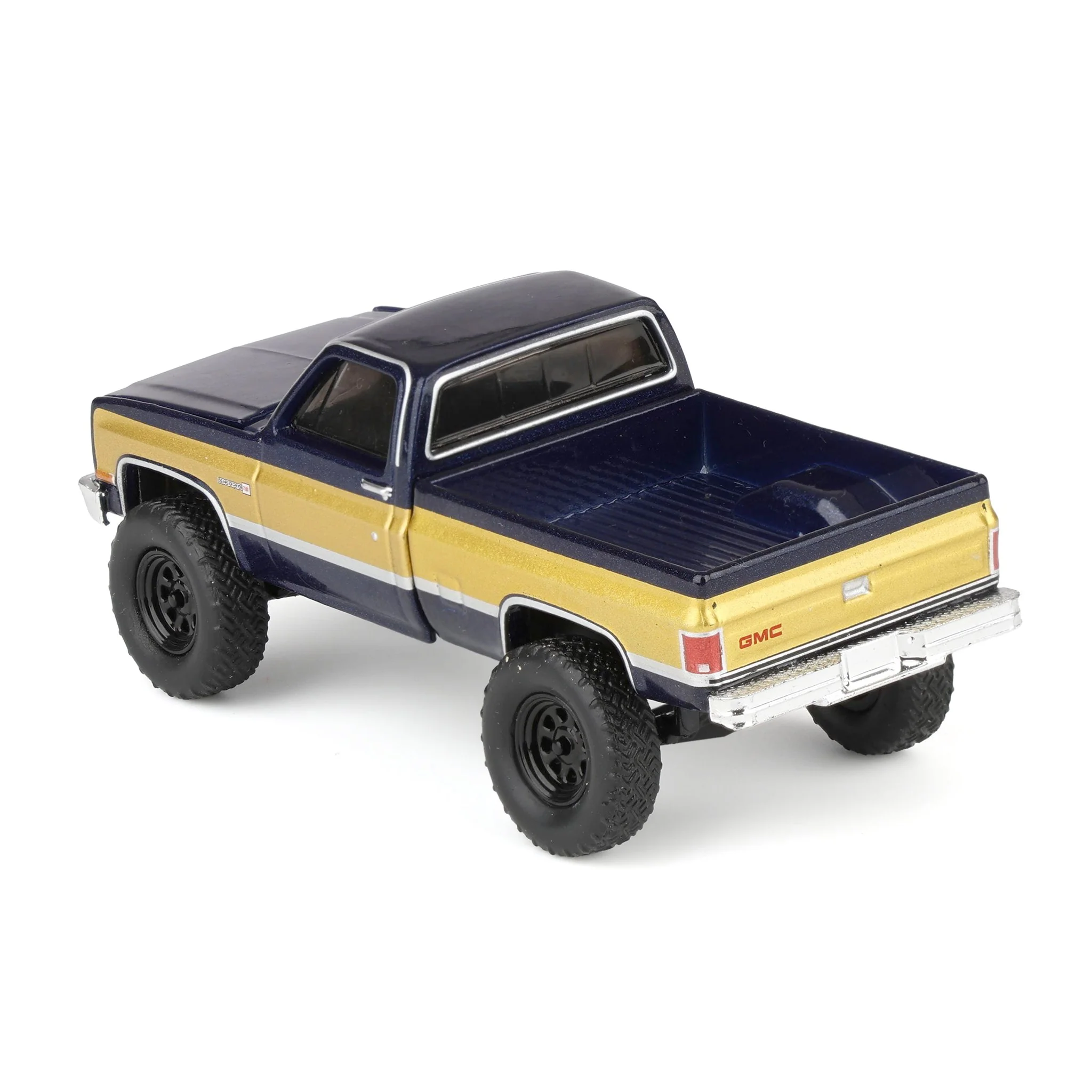 1/64 Lifted 1987 GMC K2500 High Sierra Pickup Truck, Stone Blue Metallic & Gold Dealer Exclusive by GreenLight Collectibles - Image 4