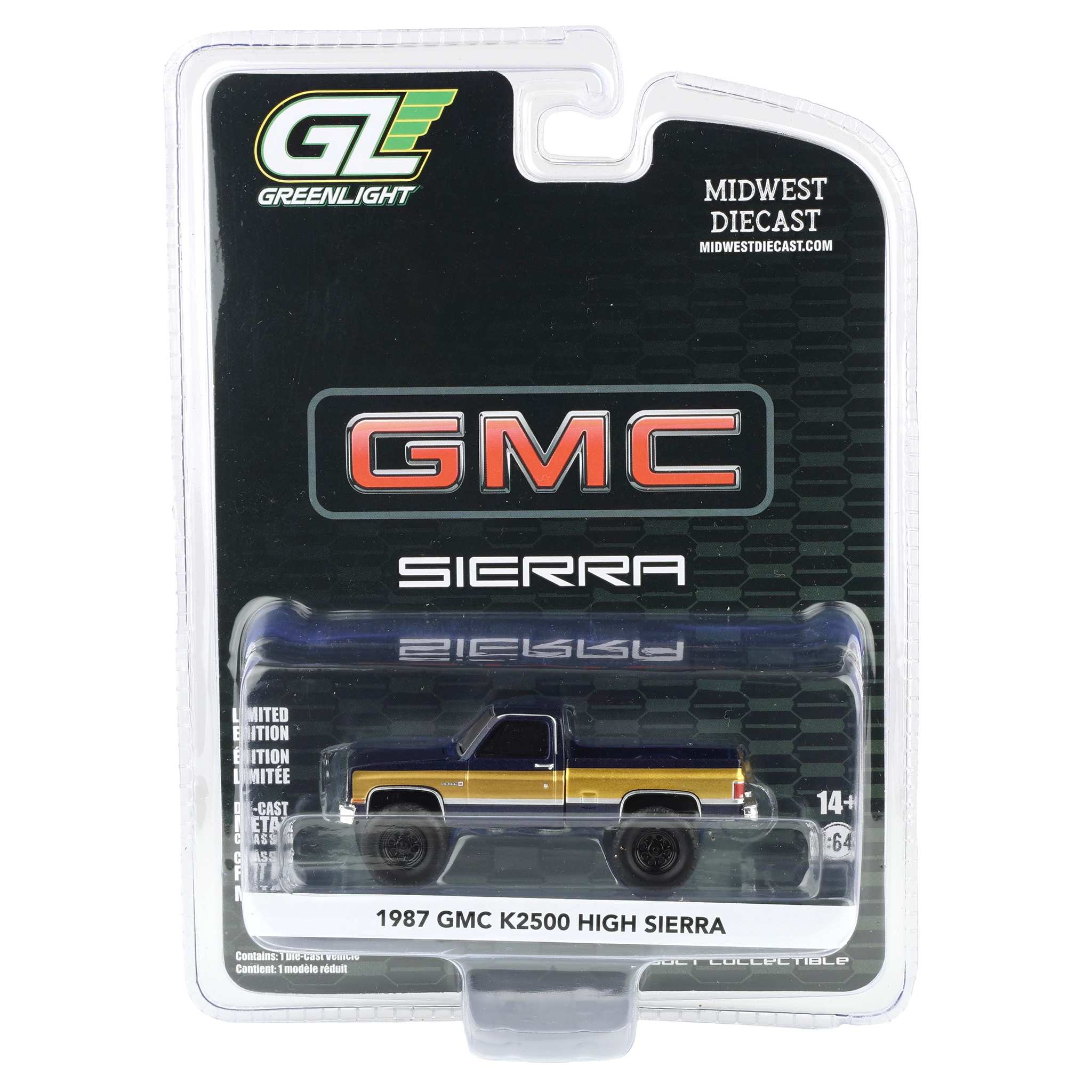 1/64 Lifted 1987 GMC K2500 High Sierra Pickup Truck, Stone Blue Metallic & Gold Dealer Exclusive by GreenLight Collectibles - Image 6