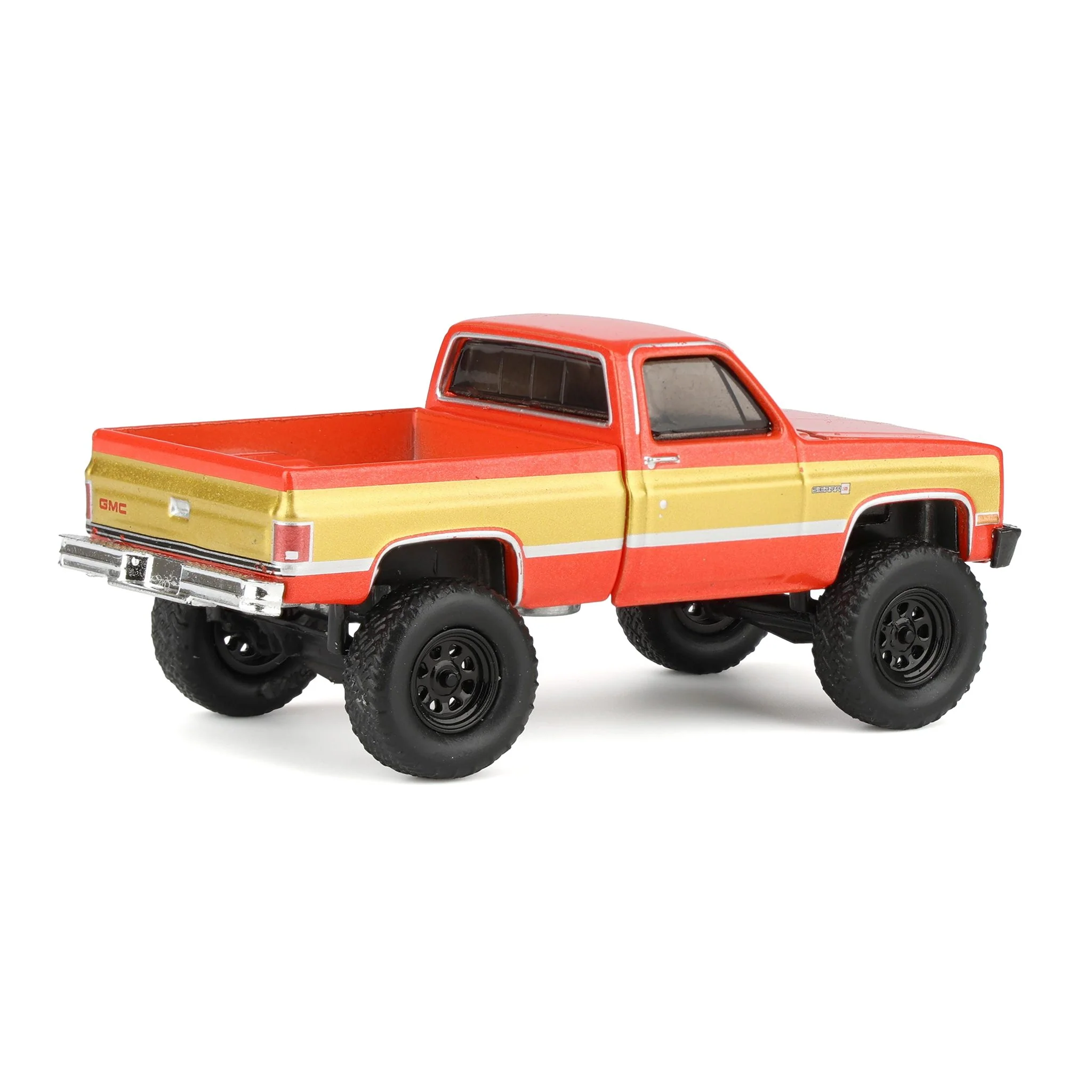 1/64 Lifted 1987 GMC K2500 High Sierra Pickup Truck, Volcanic Red & Gold Dealer Exclusive by GreenLight Collectibles - Image 3