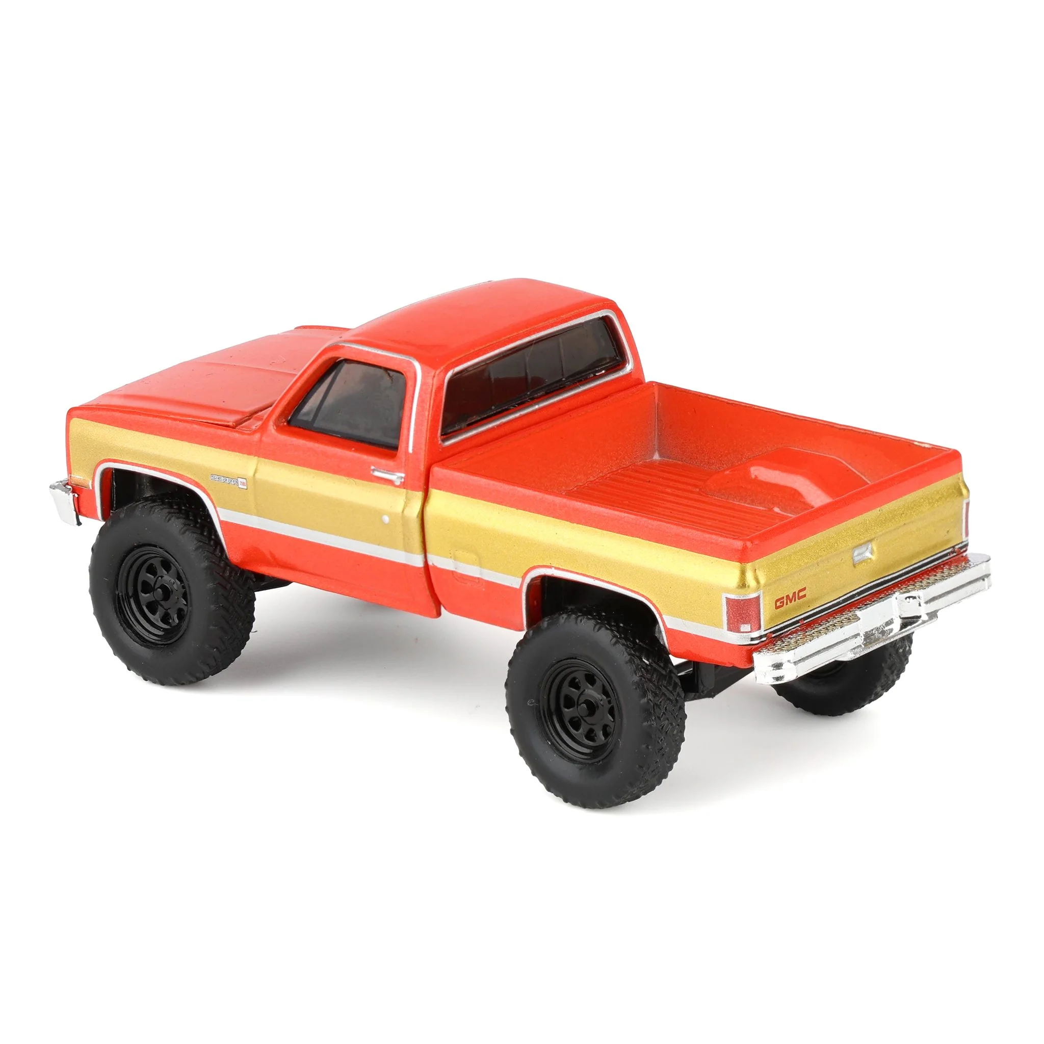 1/64 Lifted 1987 GMC K2500 High Sierra Pickup Truck, Volcanic Red & Gold Dealer Exclusive by GreenLight Collectibles - Image 4