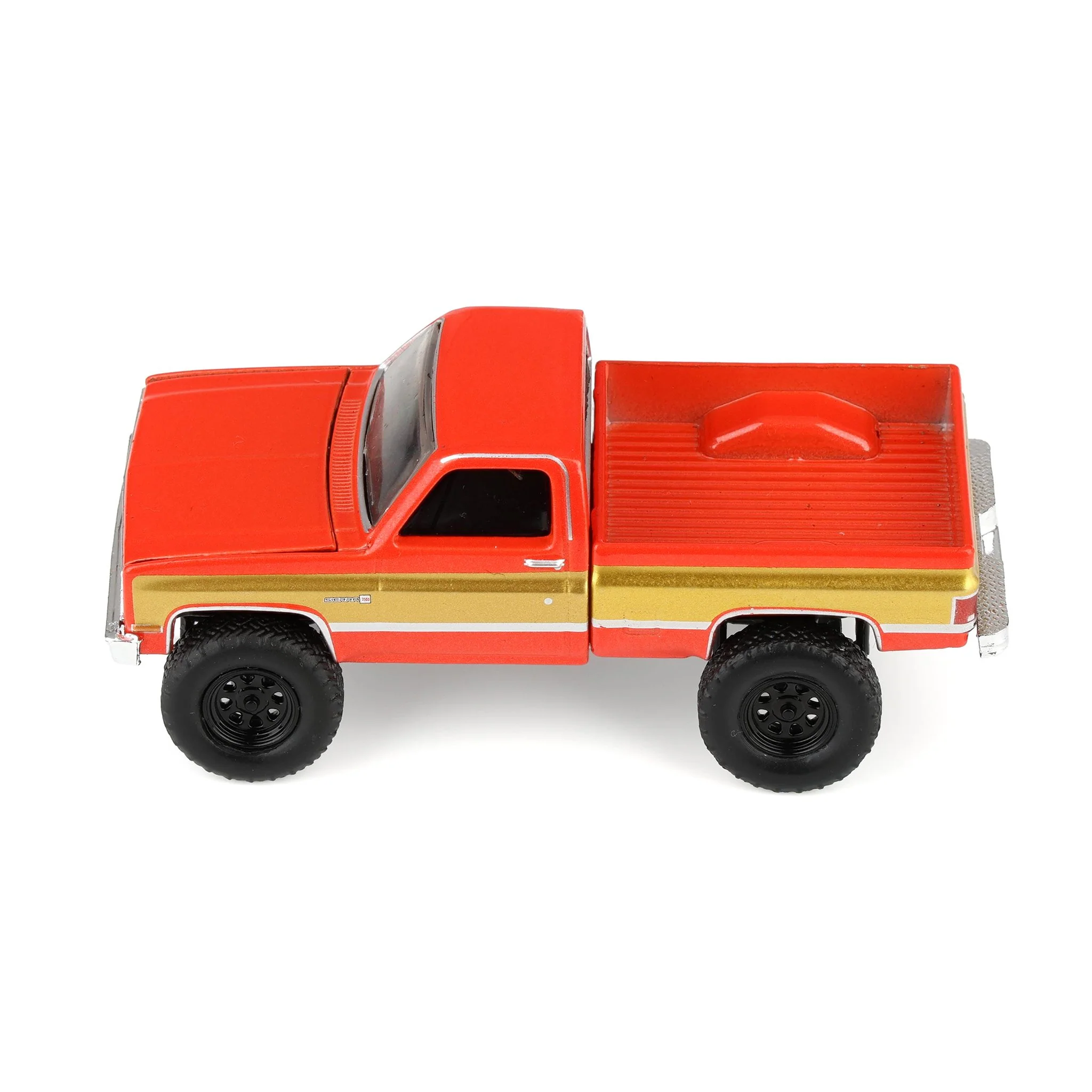 1/64 Lifted 1987 GMC K2500 High Sierra Pickup Truck, Volcanic Red & Gold Dealer Exclusive by GreenLight Collectibles - Image 5