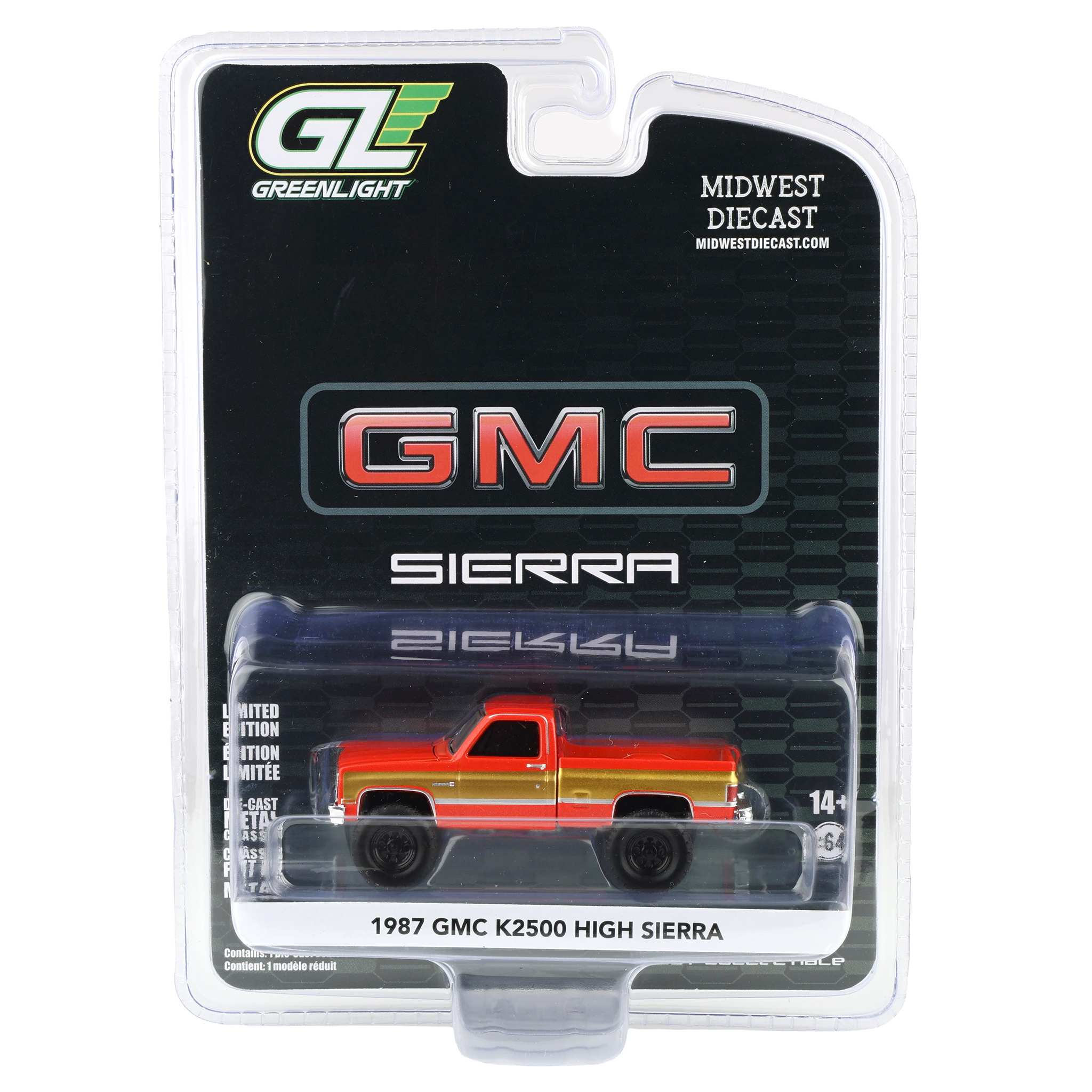1/64 Lifted 1987 GMC K2500 High Sierra Pickup Truck, Volcanic Red & Gold Dealer Exclusive by GreenLight Collectibles - Image 6
