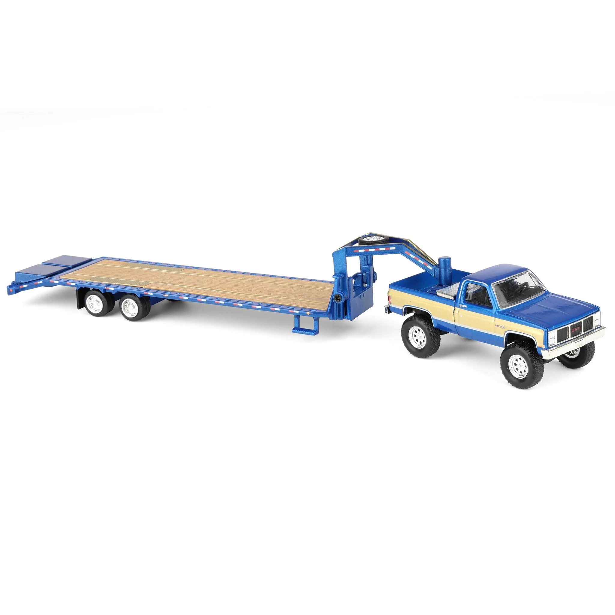 1/64 Lifted 1987 GMC K2500 Pickup Truck with Toolbox & Gooseneck Flatbed Trailer, Blue & Gold - Image 2