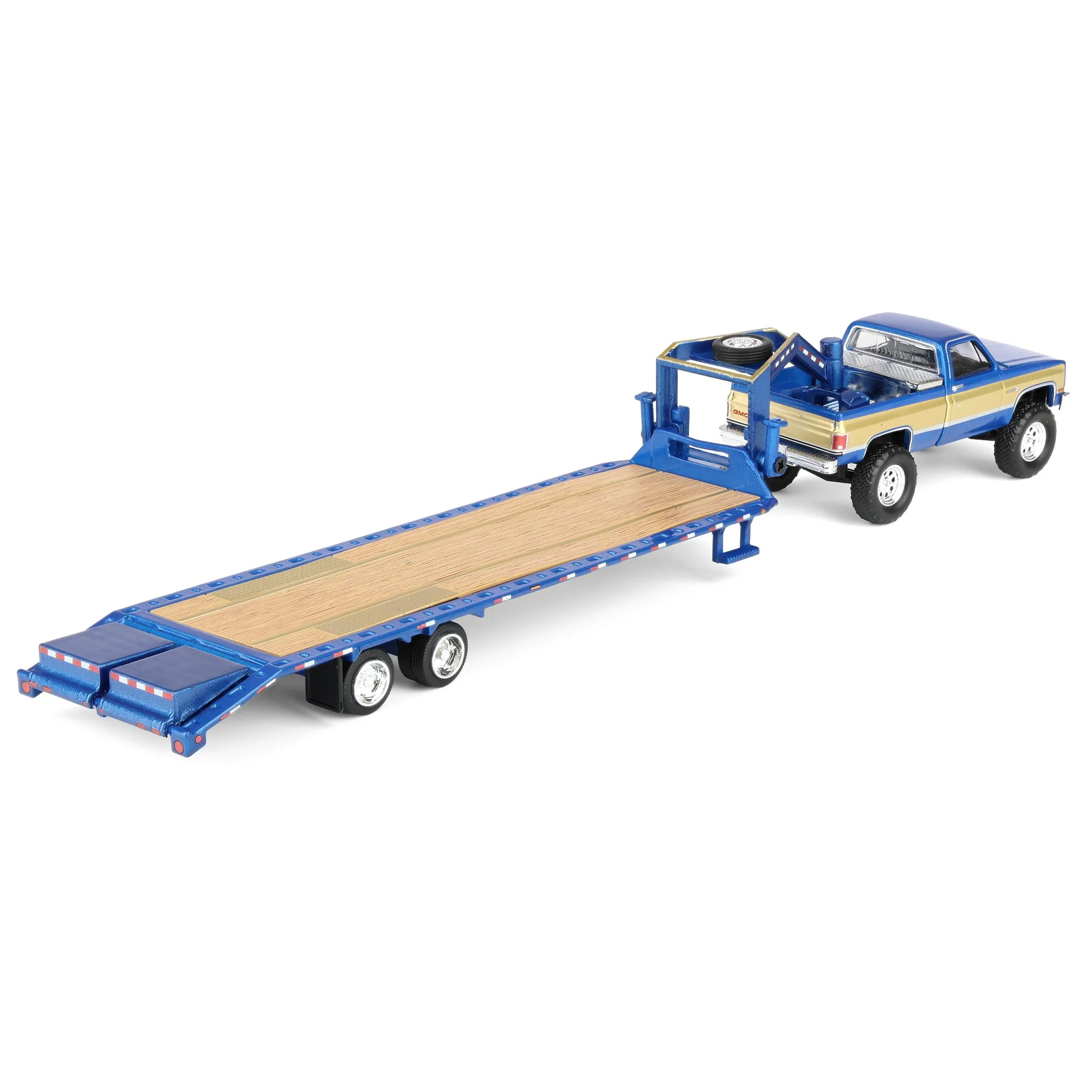 1/64 Lifted 1987 GMC K2500 Pickup Truck with Toolbox & Gooseneck Flatbed Trailer, Blue & Gold - Image 3
