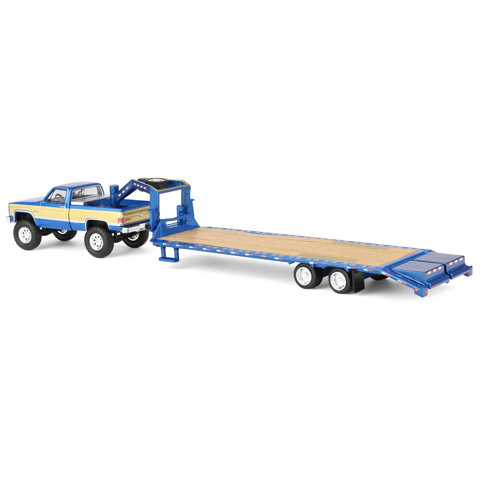 1/64 Lifted 1987 GMC K2500 Pickup Truck with Toolbox & Gooseneck Flatbed Trailer, Blue & Gold - Image 4