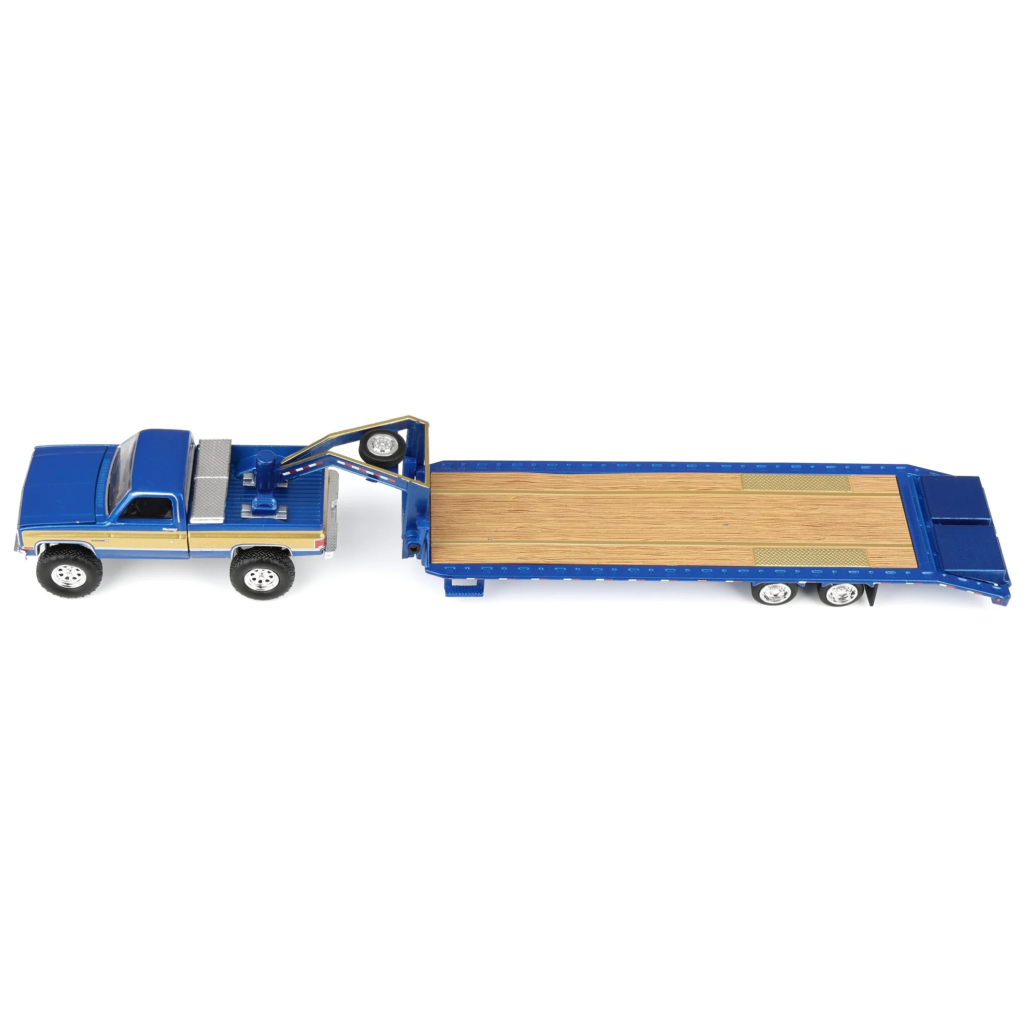 1/64 Lifted 1987 GMC K2500 Pickup Truck with Toolbox & Gooseneck Flatbed Trailer, Blue & Gold - Image 5