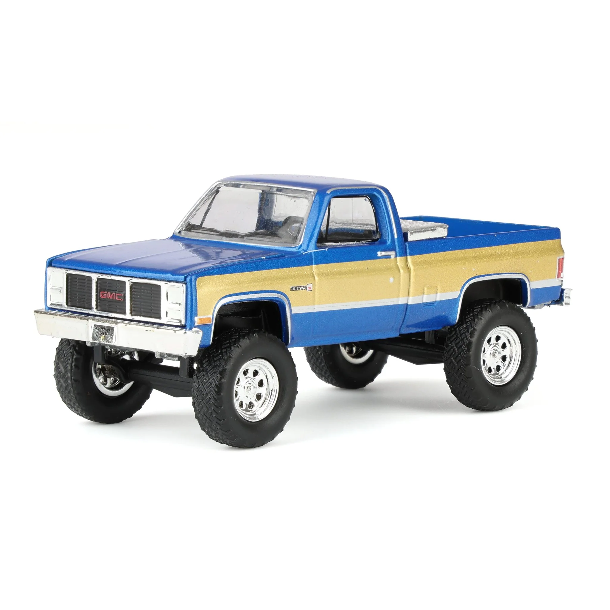 1/64 Lifted 1987 GMC K2500 Pickup Truck with Toolbox & Gooseneck Flatbed Trailer, Blue & Gold - Image 6