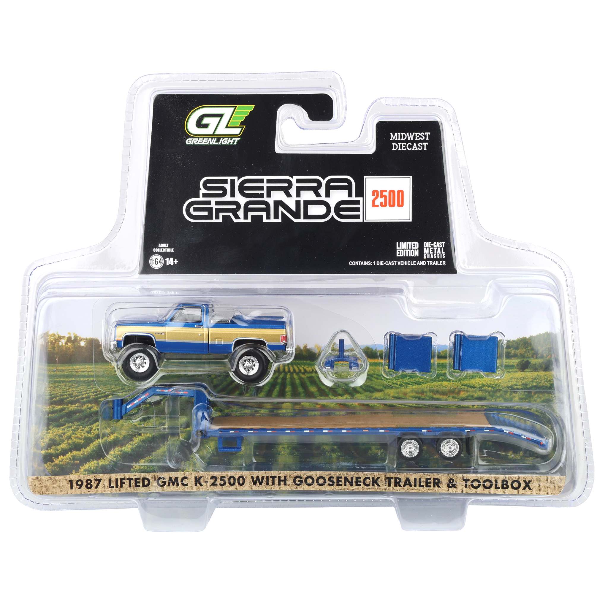1/64 Lifted 1987 GMC K2500 Pickup Truck with Toolbox & Gooseneck Flatbed Trailer, Blue & Gold - Image 7