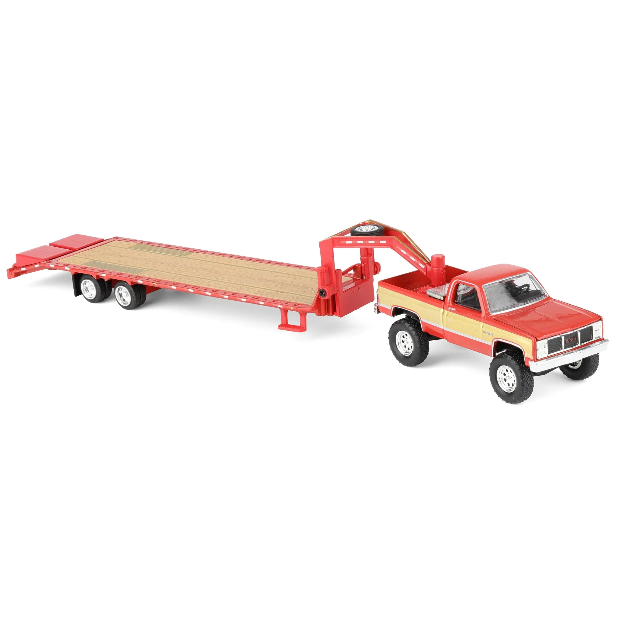 1/64 Lifted 1987 GMC K2500 Pickup Truck with Toolbox & Gooseneck Flatbed Trailer, Red & Gold - Image 2