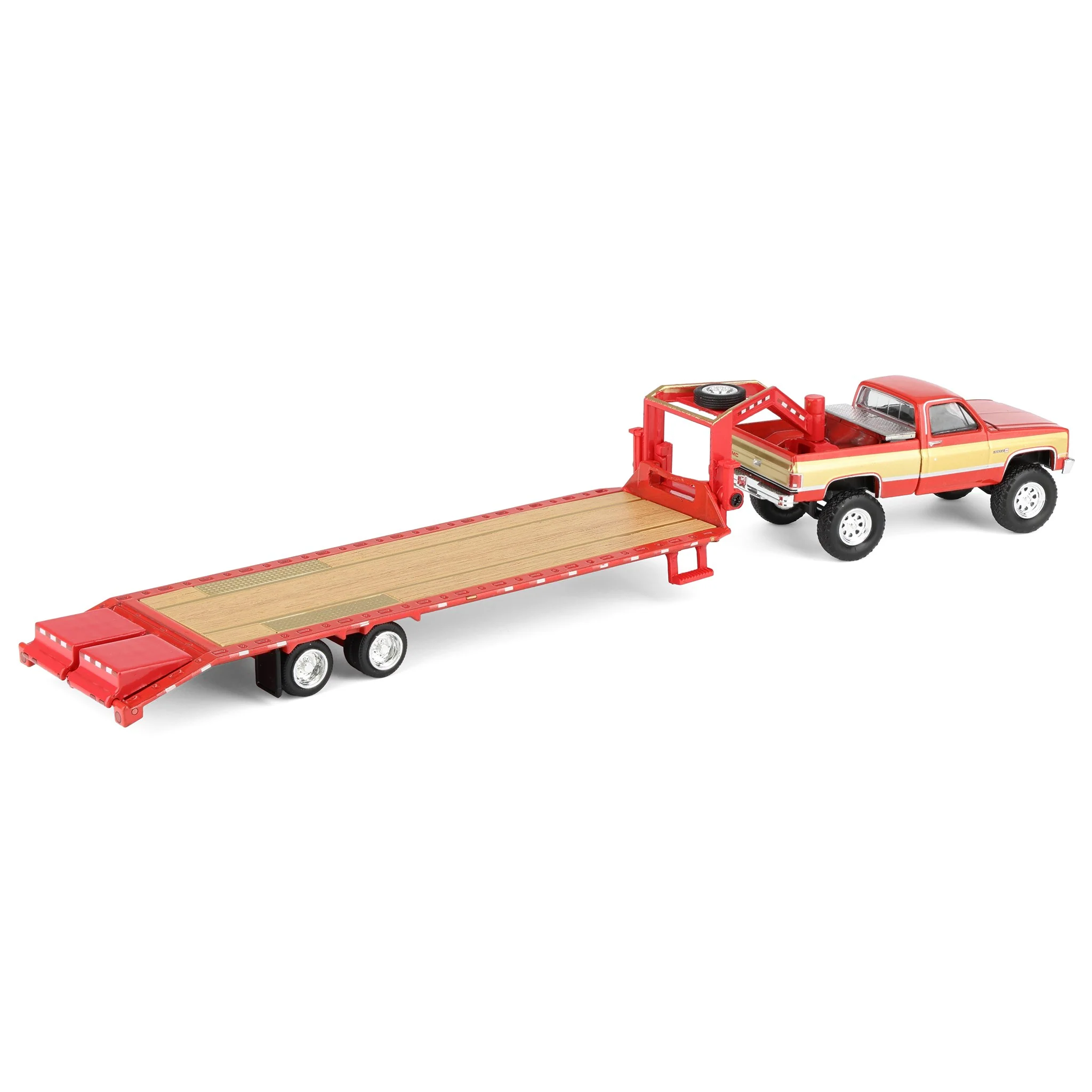 1/64 Lifted 1987 GMC K2500 Pickup Truck with Toolbox & Gooseneck Flatbed Trailer, Red & Gold - Image 3