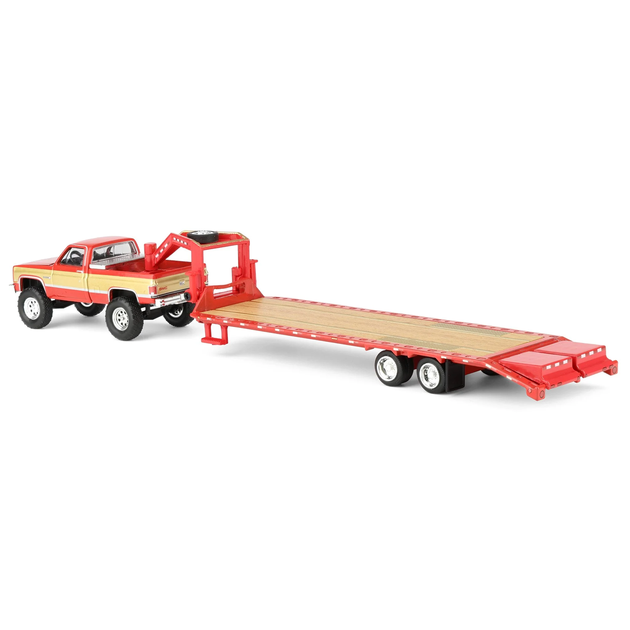 1/64 Lifted 1987 GMC K2500 Pickup Truck with Toolbox & Gooseneck Flatbed Trailer, Red & Gold - Image 4