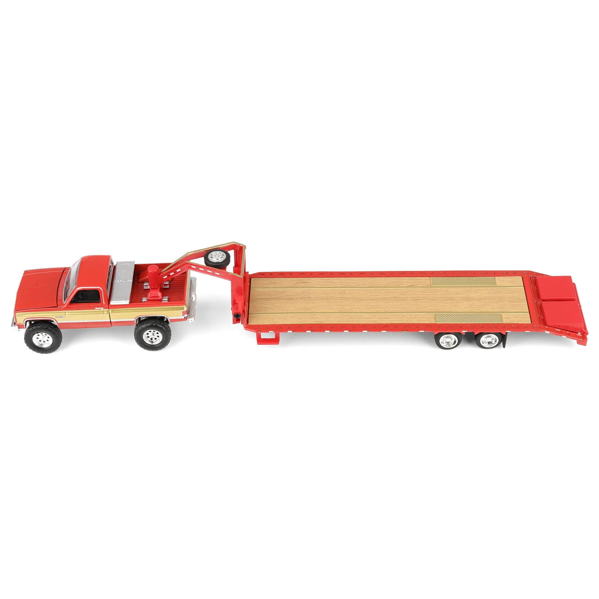1/64 Lifted 1987 GMC K2500 Pickup Truck with Toolbox & Gooseneck Flatbed Trailer, Red & Gold - Image 5