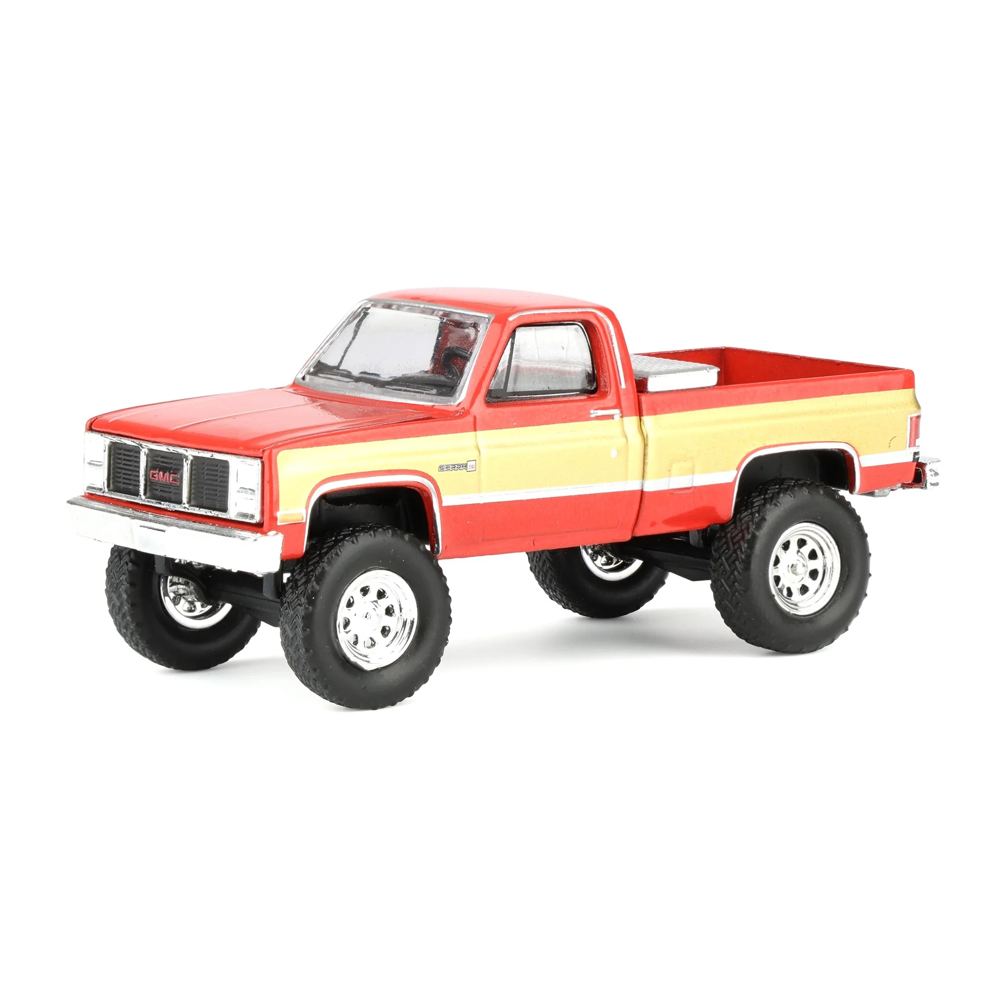 1/64 Lifted 1987 GMC K2500 Pickup Truck with Toolbox & Gooseneck Flatbed Trailer, Red & Gold - Image 6