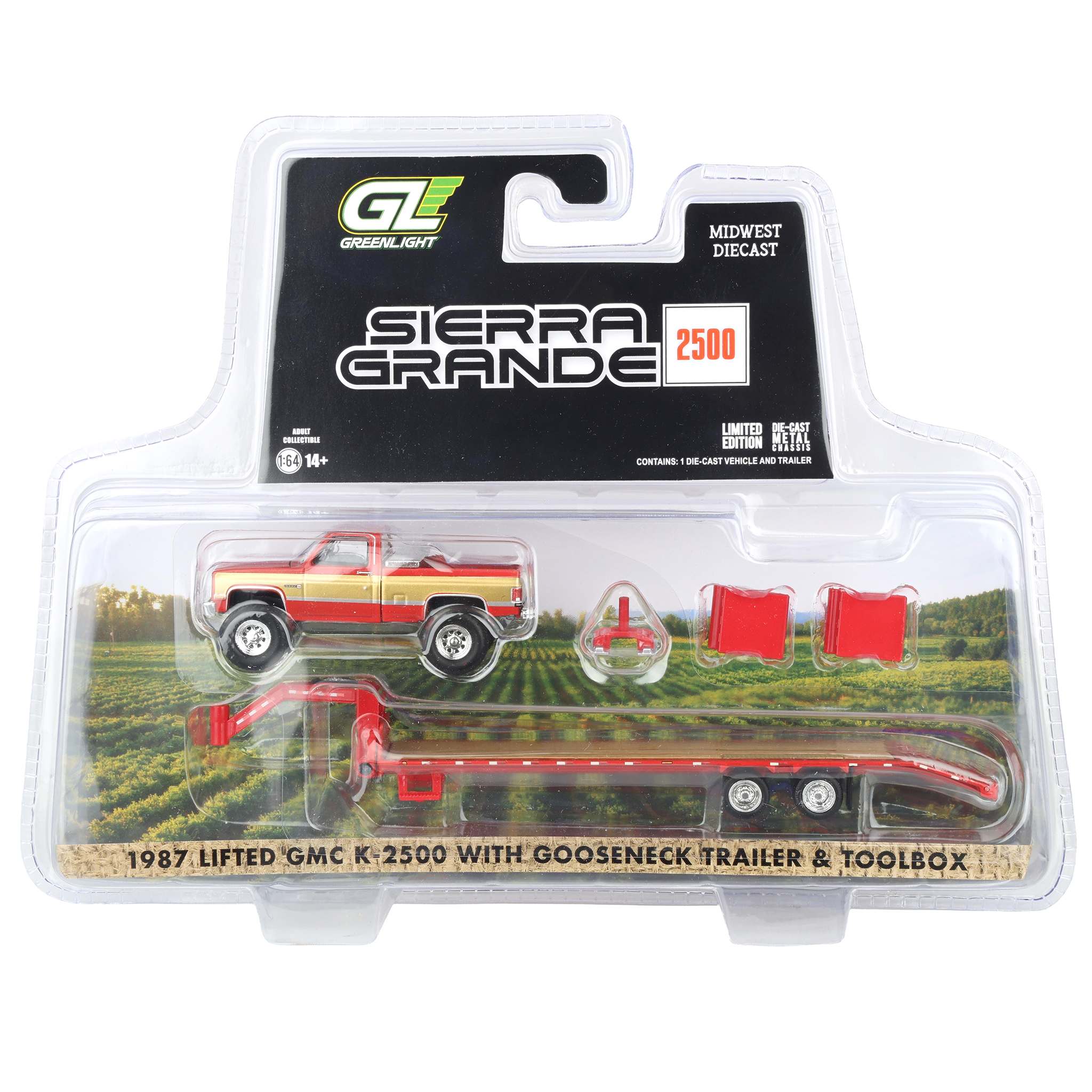 1/64 Lifted 1987 GMC K2500 Pickup Truck with Toolbox & Gooseneck Flatbed Trailer, Red & Gold - Image 7