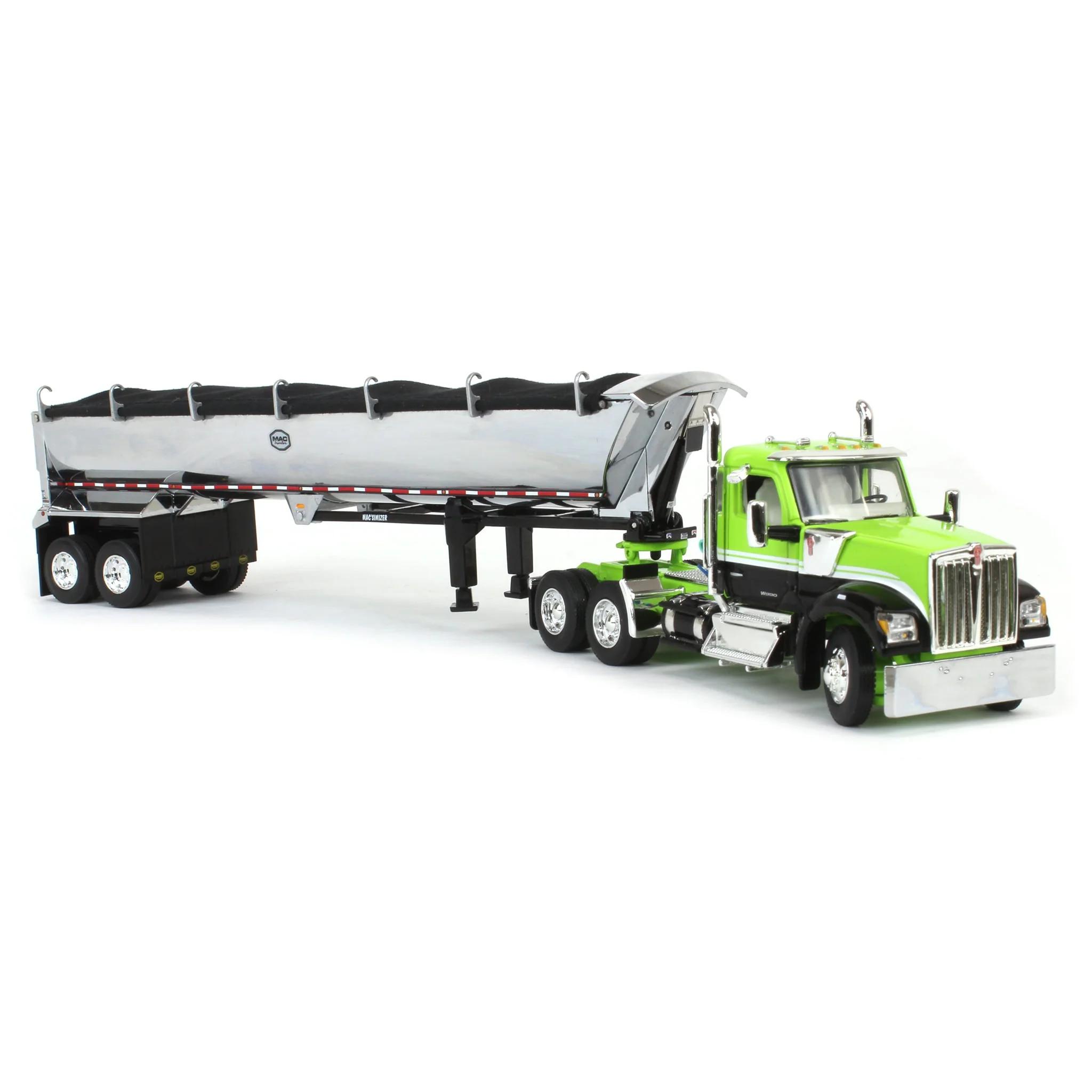 1/64 Lime Green & Black Kenworth W990 Day Cab with MAC Half Round End Dump Trailer, DCP by First Gear - Image 2