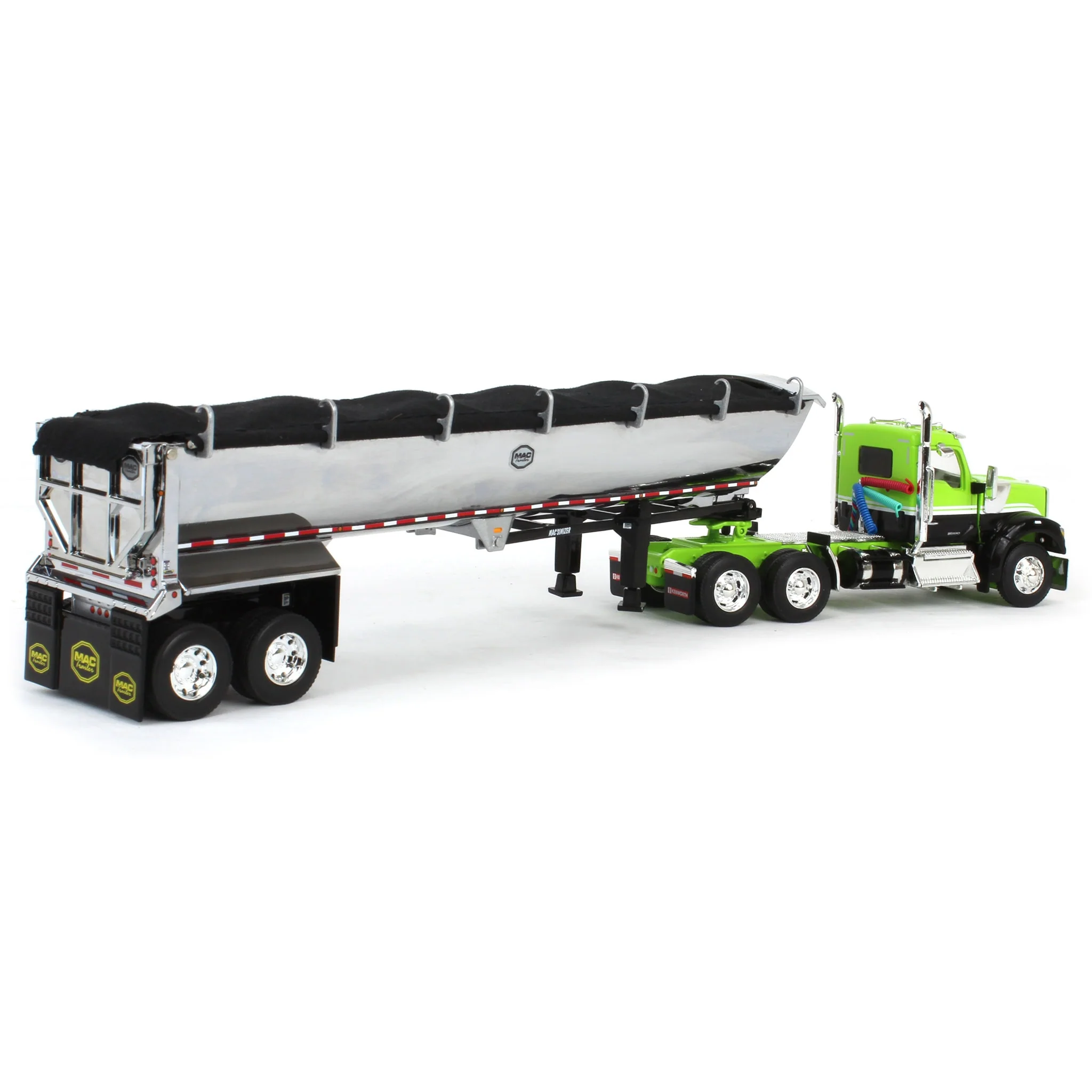 1/64 Lime Green & Black Kenworth W990 Day Cab with MAC Half Round End Dump Trailer, DCP by First Gear - Image 3