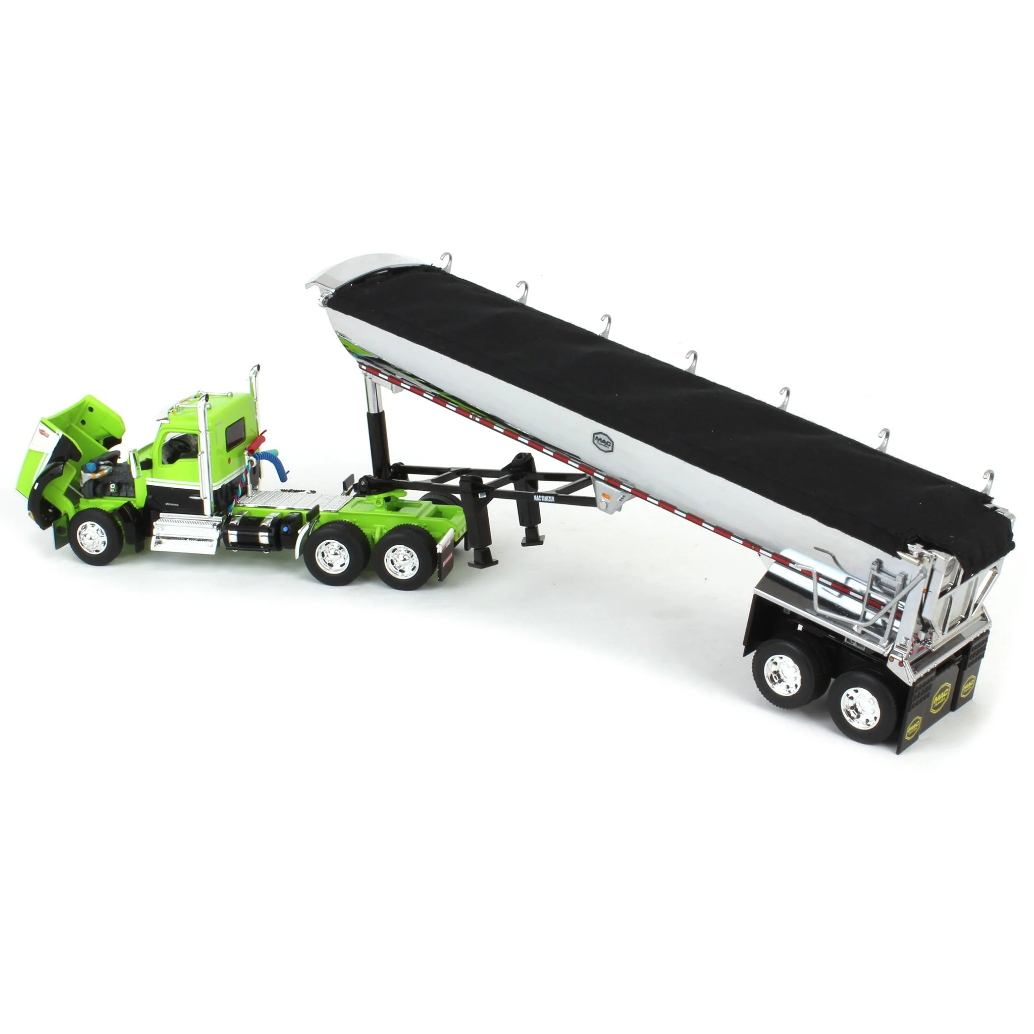 1/64 Lime Green & Black Kenworth W990 Day Cab with MAC Half Round End Dump Trailer, DCP by First Gear - Image 4