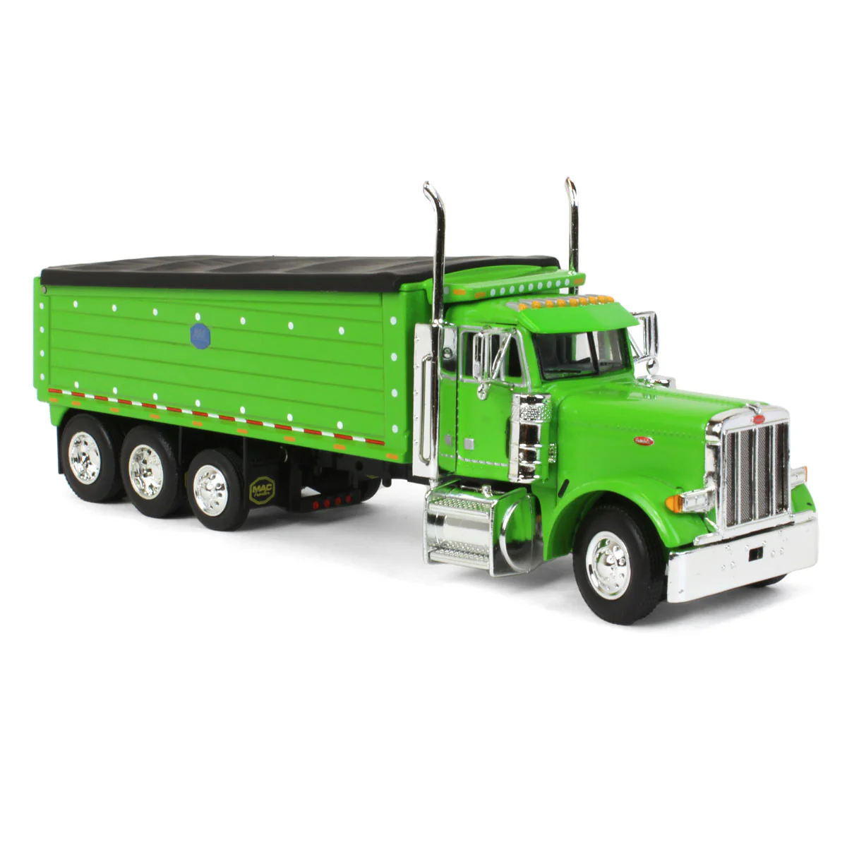1/64 Lime Green Peterbilt 379 Semi Truck with Tri-axle MAC Dump Body, DCP by First Gear - Image 2