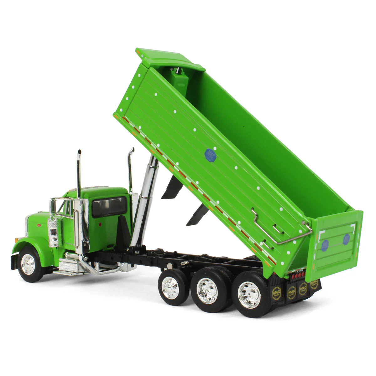 1/64 Lime Green Peterbilt 379 Semi Truck with Tri-axle MAC Dump Body, DCP by First Gear - Image 4
