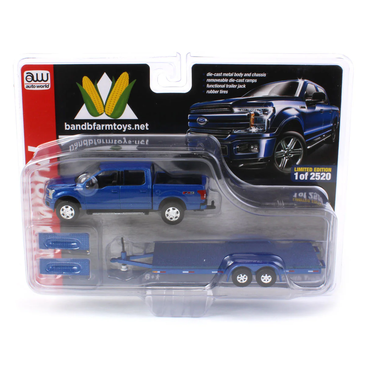 1/64 Metallic Blue 2019 Ford F-150 with Trailer by Auto World, Limited Edition - Image 6