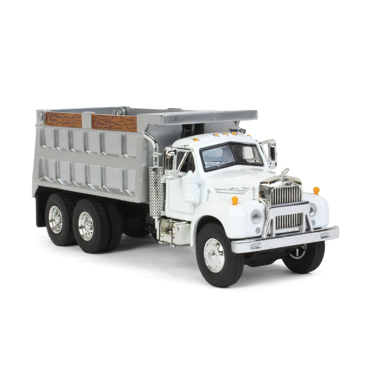 1/64 Mack B-61 Dump Truck by First Gear, White with Gray Dump - Image 2
