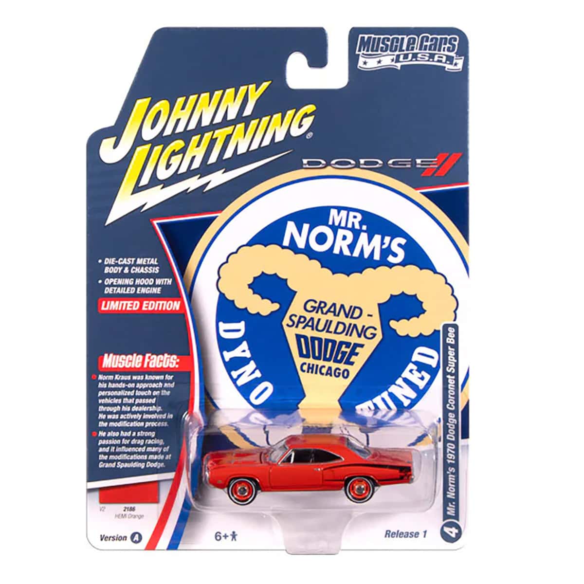 1/64 Mr. Norm's 1970 Dodge Super Bee, Hemi Orange, Johnny Lightning Muscle Car Series - Image 2