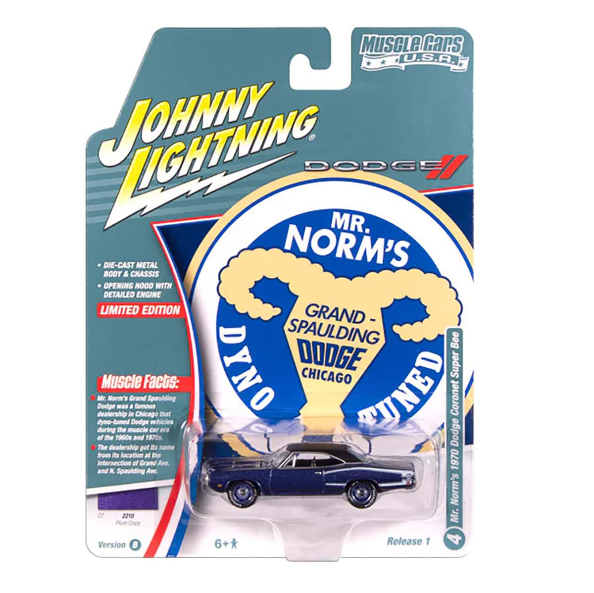1/64 Mr. Norm's 1970 Dodge Super Bee, Plum Crazy Purple, Johnny Lightning Muscle Car Series - Image 2