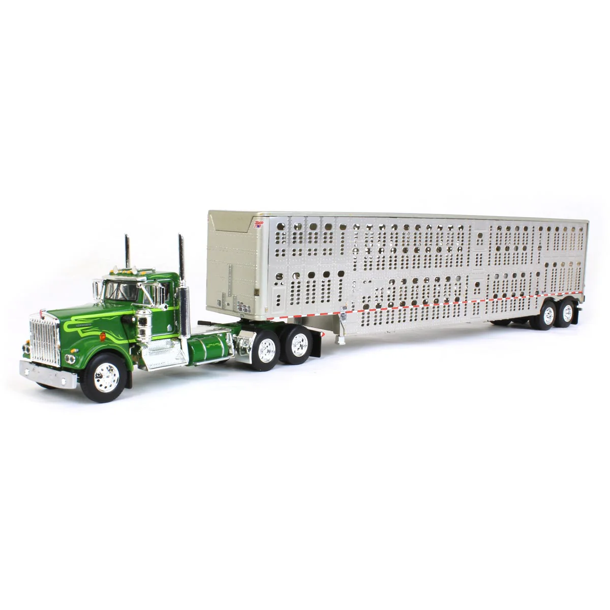 1/64 Neon/Dark Green Kenworth W900A Semi Truck with Day Cab & Wilson Silver Star Livestock Trailer, DCP by First Gear