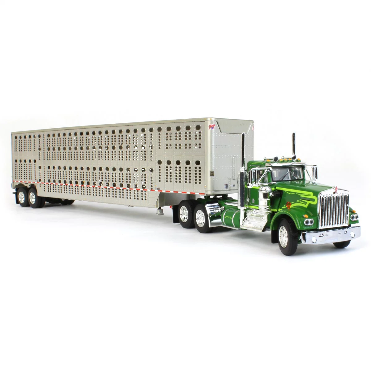 1/64 Neon/Dark Green Kenworth W900A Semi Truck with Day Cab & Wilson Silver Star Livestock Trailer, DCP by First Gear - Image 2