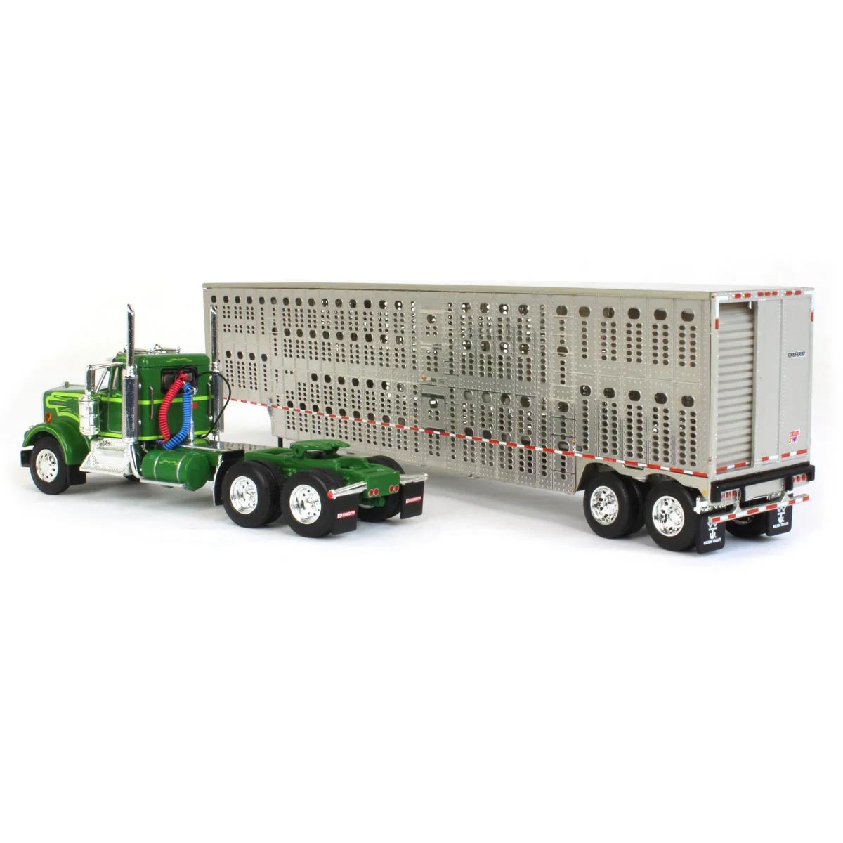 1/64 Neon/Dark Green Kenworth W900A Semi Truck with Day Cab & Wilson Silver Star Livestock Trailer, DCP by First Gear - Image 4