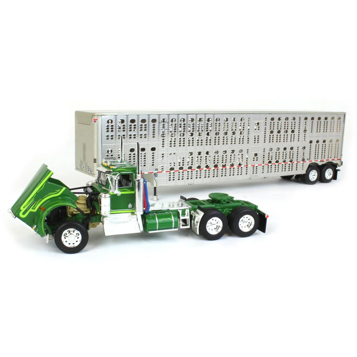 1/64 Neon/Dark Green Kenworth W900A Semi Truck with Day Cab & Wilson Silver Star Livestock Trailer, DCP by First Gear - Image 5
