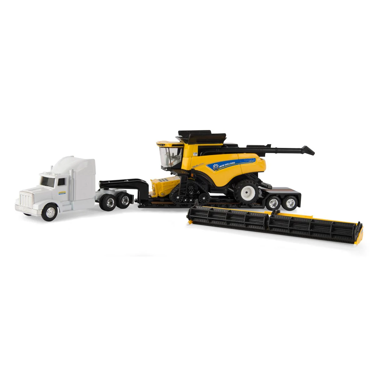 1/64 New Holland CR9.90 Combine on Semi Truck with Lowboy Trailer