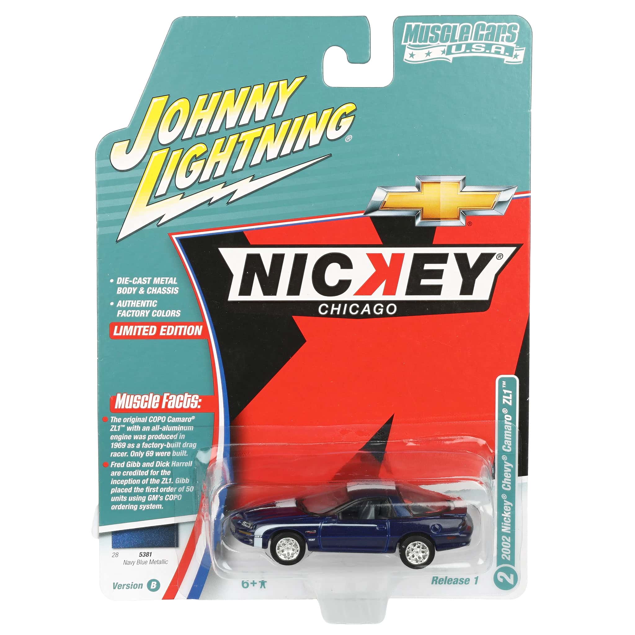 1/64 Nickey 2002 Chevrolet Camaro ZL1, Metallic Blue with White Stripes, Johnny Lightning Muscle Car Series - Image 6