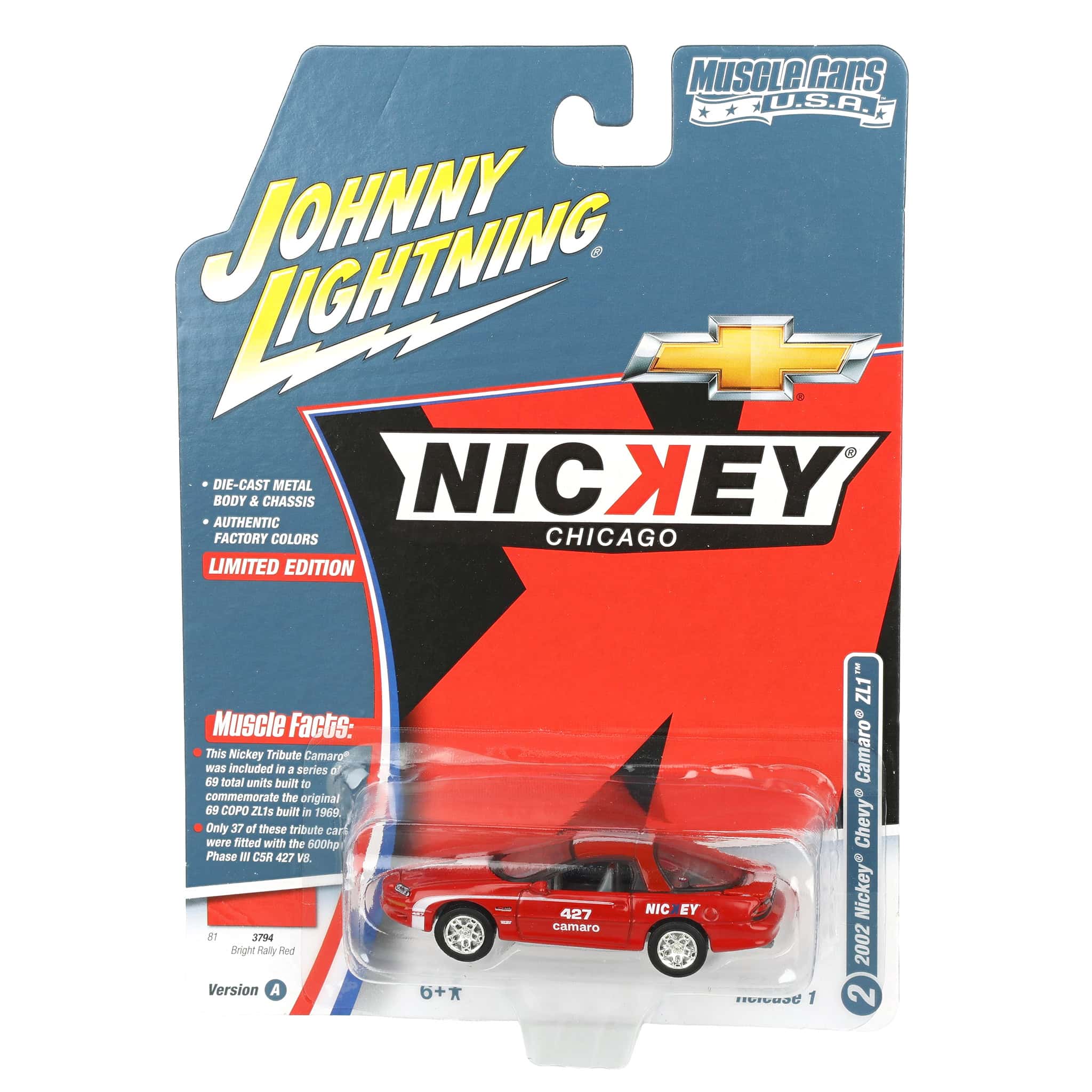 1/64 Nickey 2002 Chevrolet Camaro ZL1, Red with White Stripes, Johnny Lightning Muscle Car Series - Image 6