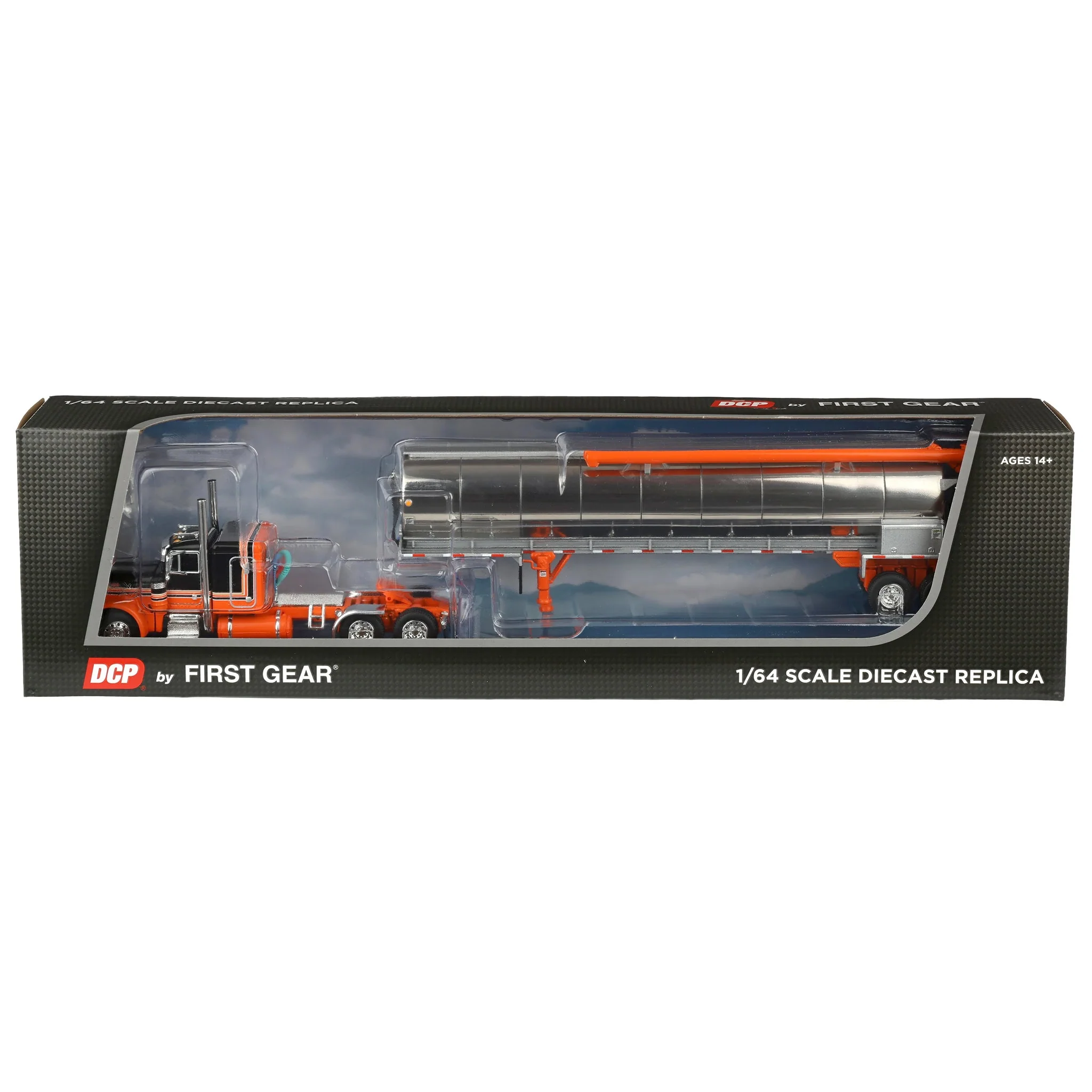1/64 Orange/Black Peterbilt 379 with 48in Flattop Sleeper & Walinga Feed Trailer, DCP by First Gear - Image 6