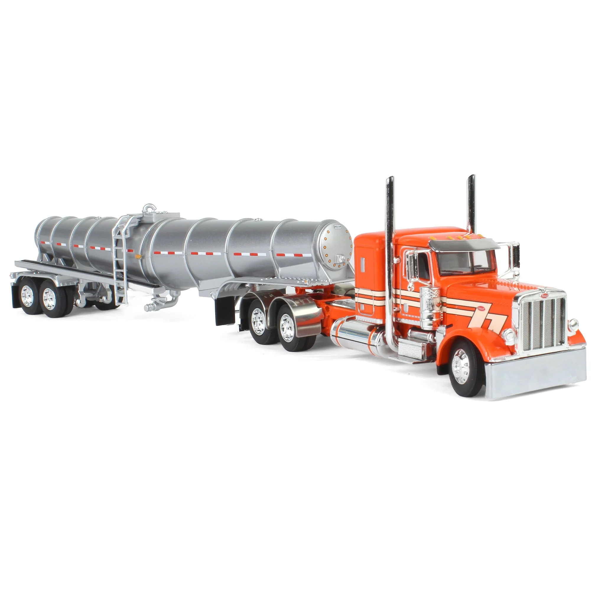 1/64 Orange/Cream Peterbilt 389 with Polished Polar Deep Drop Tanker, DCP by First Gear - Image 2