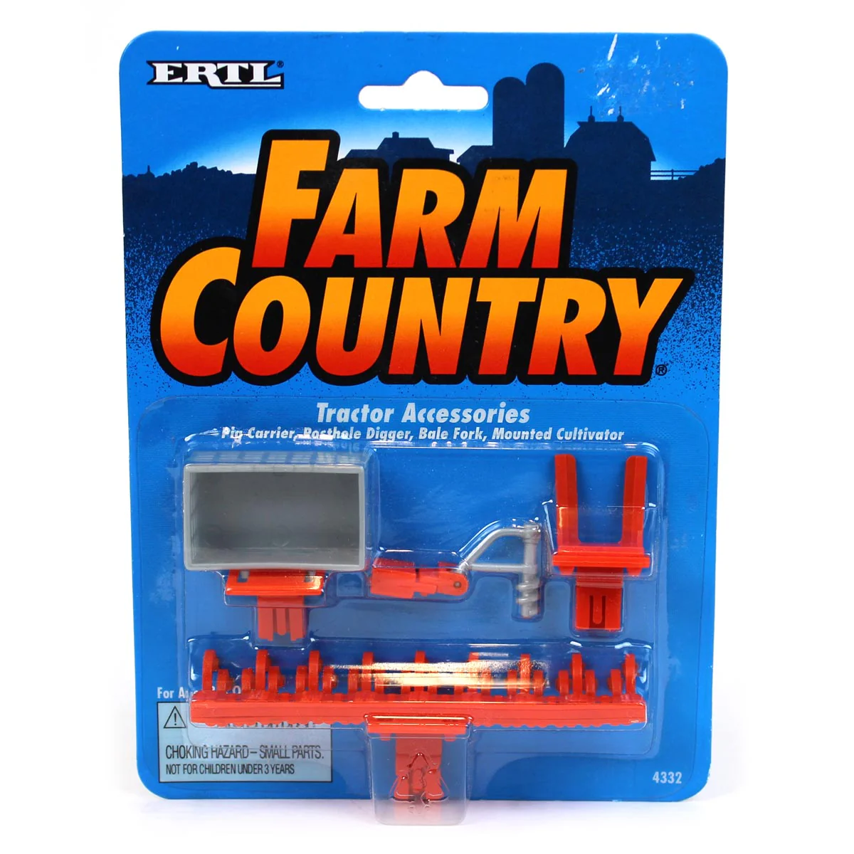 1/64 Orange Tractor Accessories with Pig Carrier, Posthole Digger, Bale Fork and Cultivator by ERTL