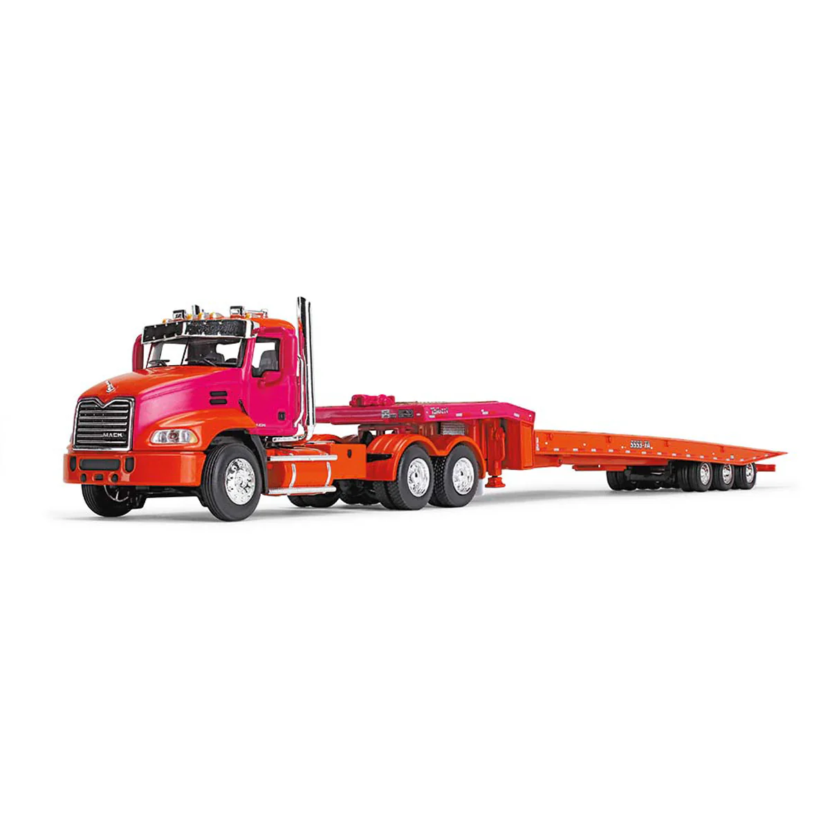 1/64 Orange & Fuchsia Mack Pinnacle Semi Truck with Talbert 5553TA Traveling-Axle Trailer, DCP by First Gear